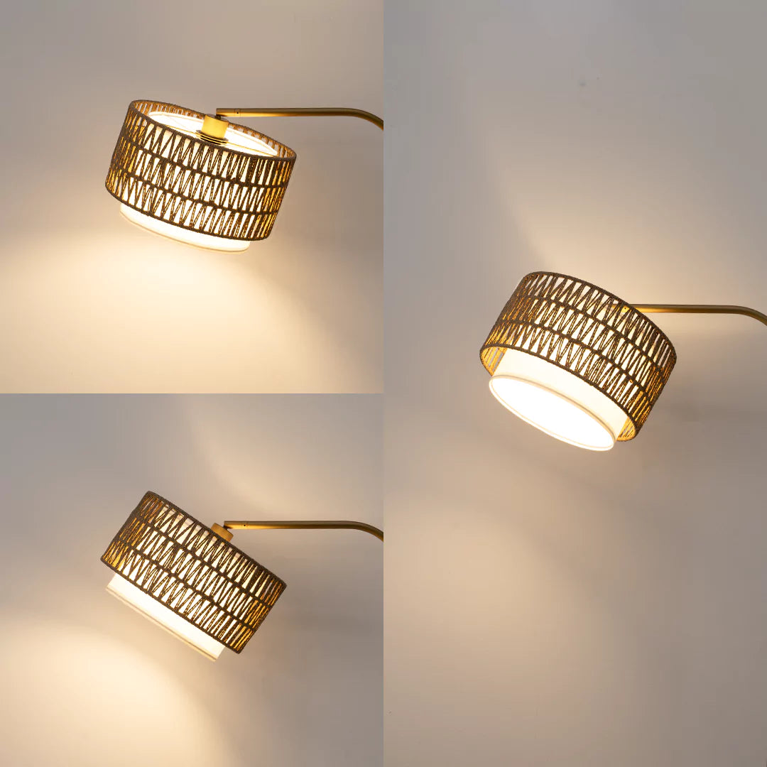 Gold  Rattan Arc Floor Lamp with a textured design on a neutral background