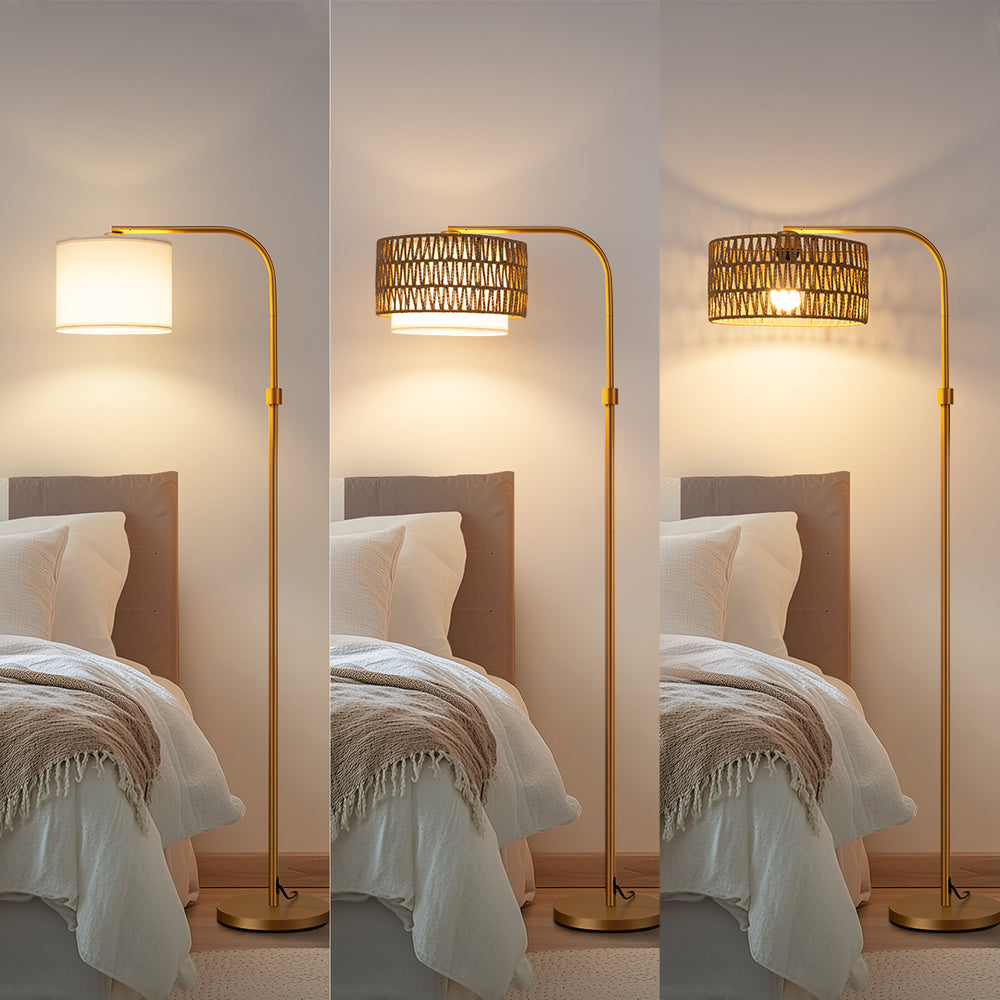 Gold Rattan Arc Floor Lamp with a textured shade in a bedroom setting
