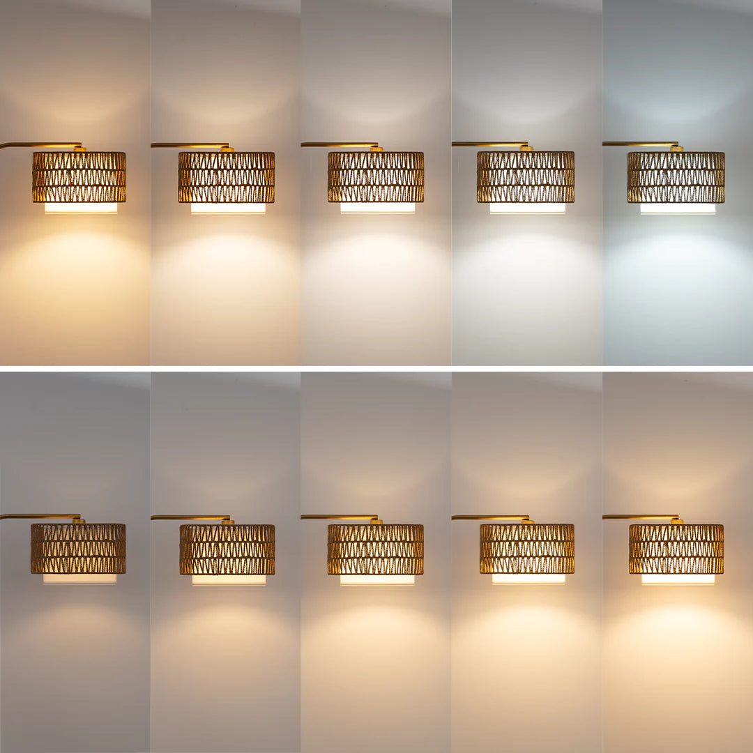  Rattan Arc Floor Lamp light fixture with metallic cage design on a plain wall.