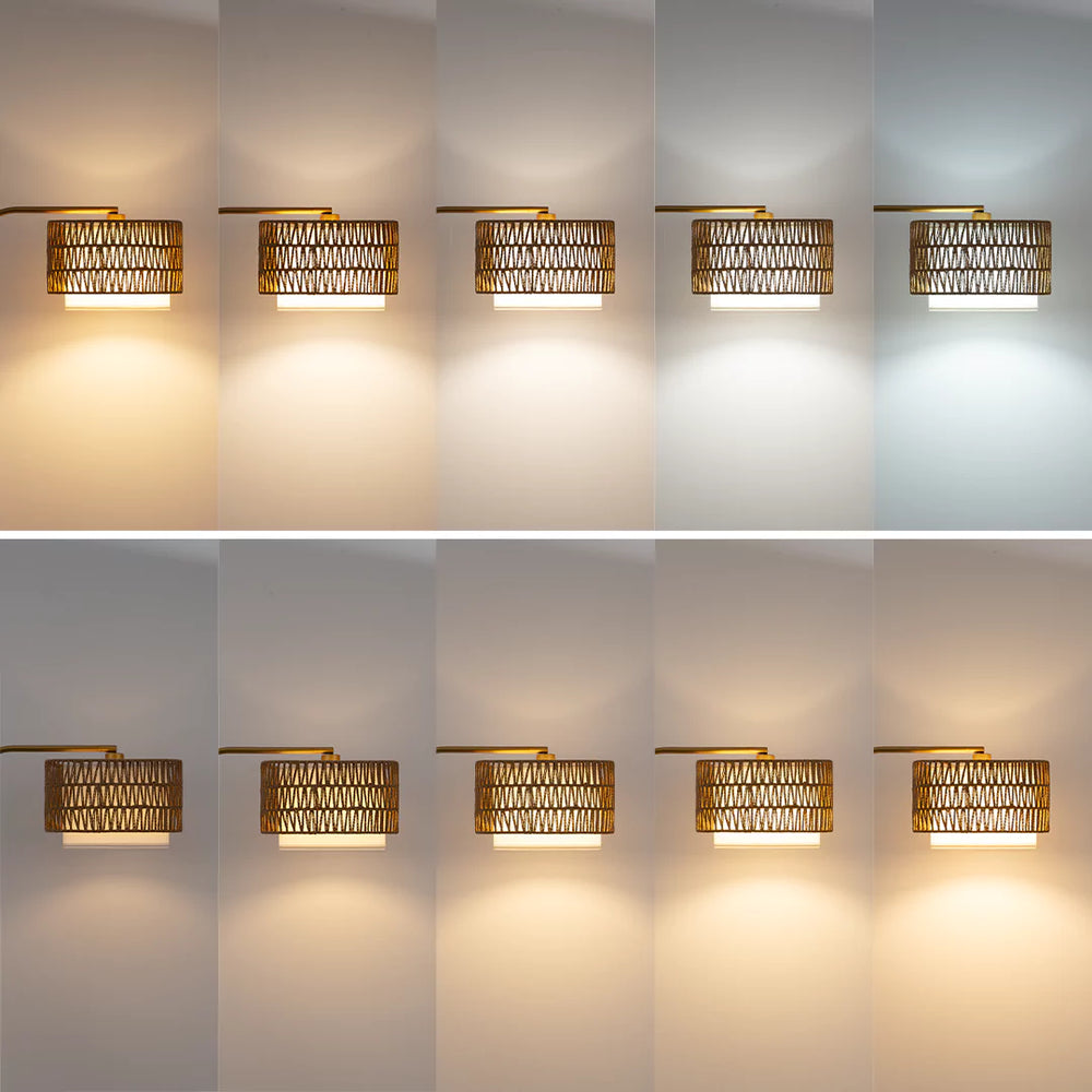  Rattan Arc Floor Lamp light fixture with metallic cage design on a plain wall.
