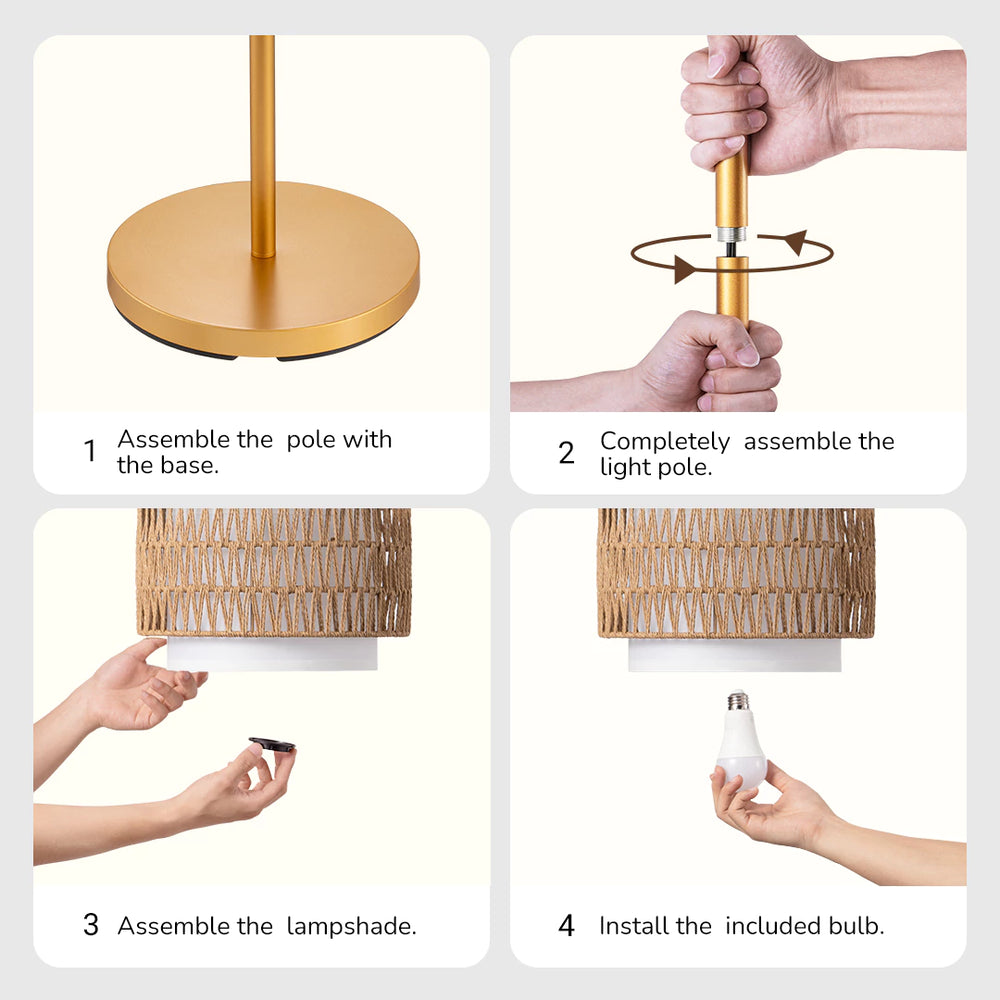 Step-by-step assembly instructions for a lamp with text overlay.