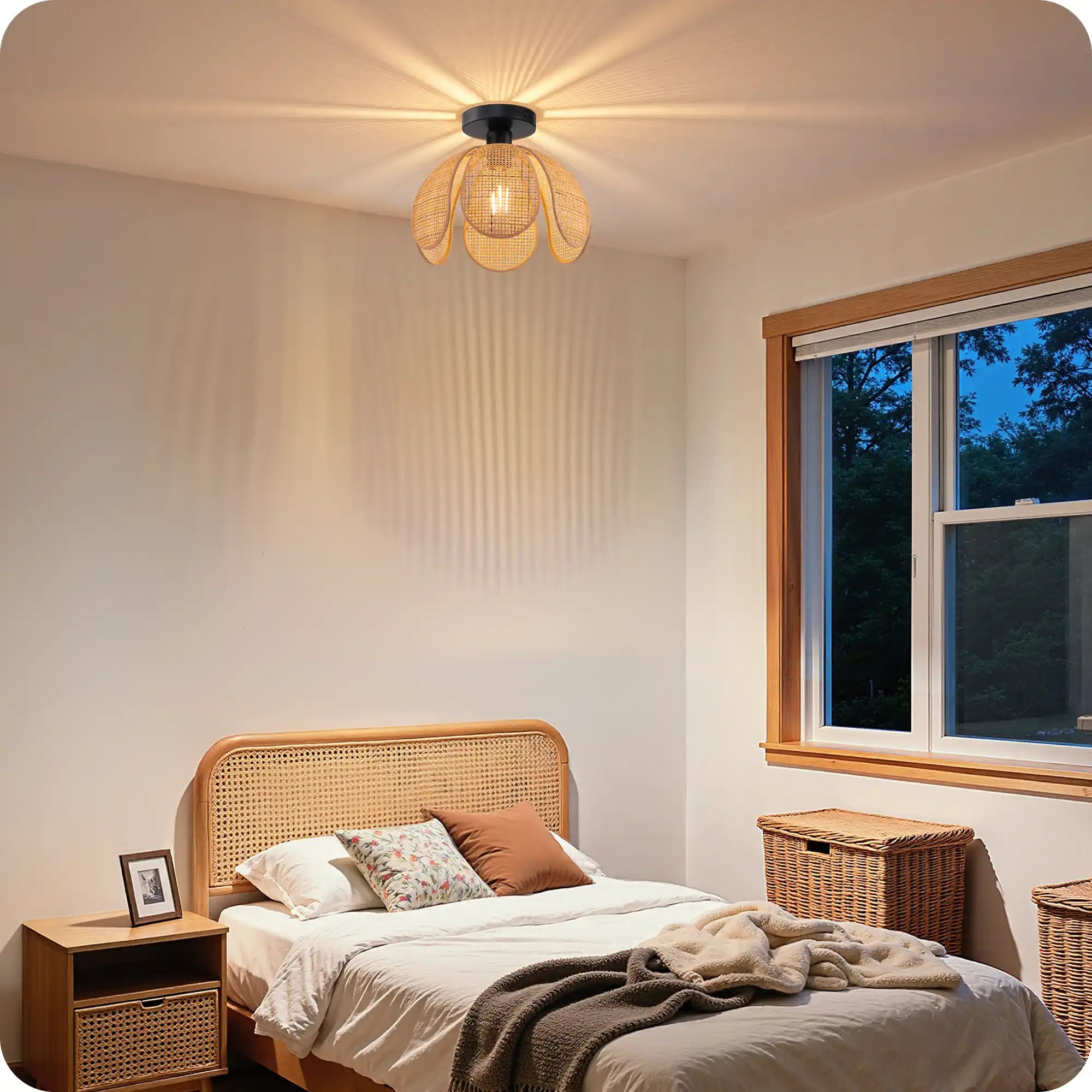 Six-petaled Woven Rattan Semi Flush Mount (12”)