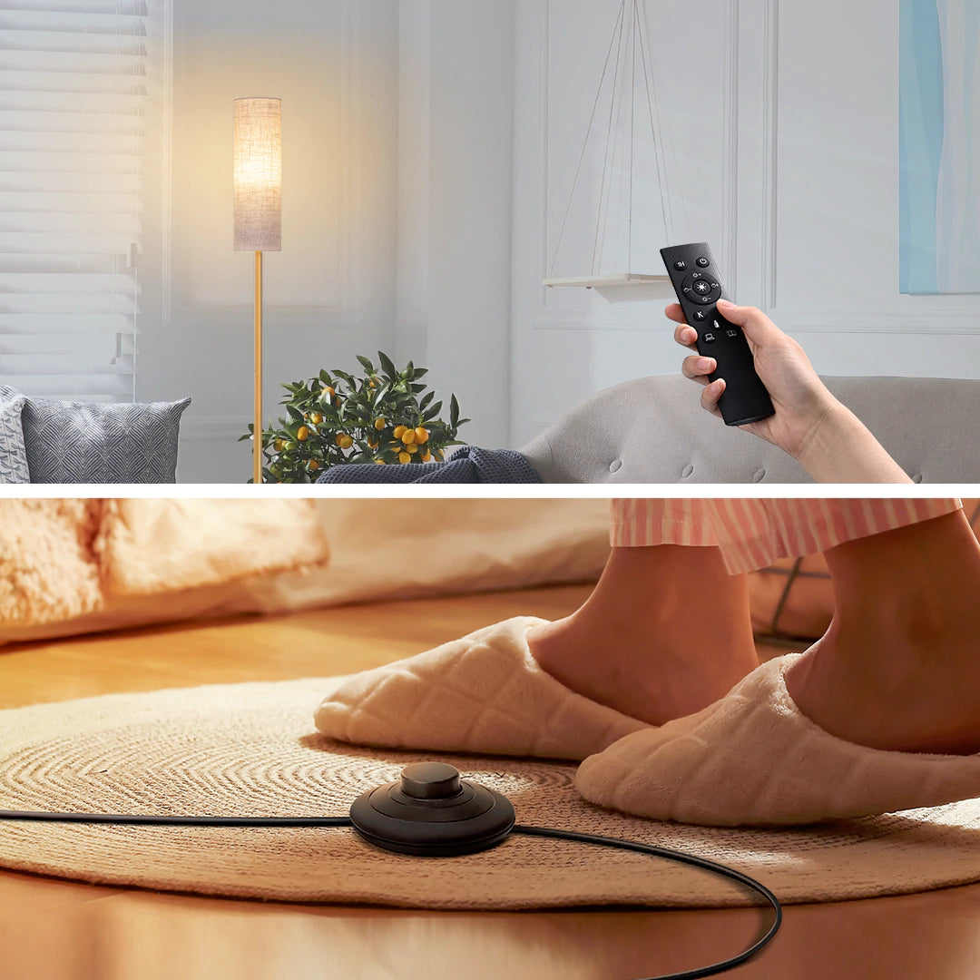 Top: Person holding a remote control in a living room. Bottom: Feet wearing slippers on an electric heating mat.