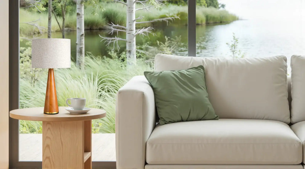 Beige sofa with a green pillow in a room with large windows showing a natural landscape.