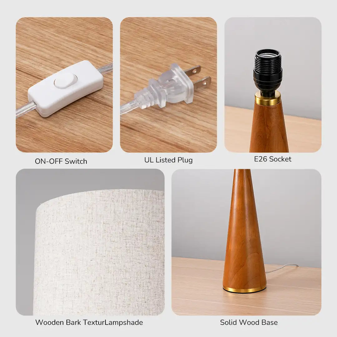 Collage of lamp components including an on-off switch, plug, E26 socket, wooden bark texture lampshade, and solid wood base.