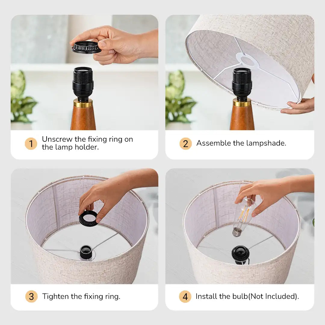 Step-by-step guide on how to assemble a lamp with images of hands performing each step.