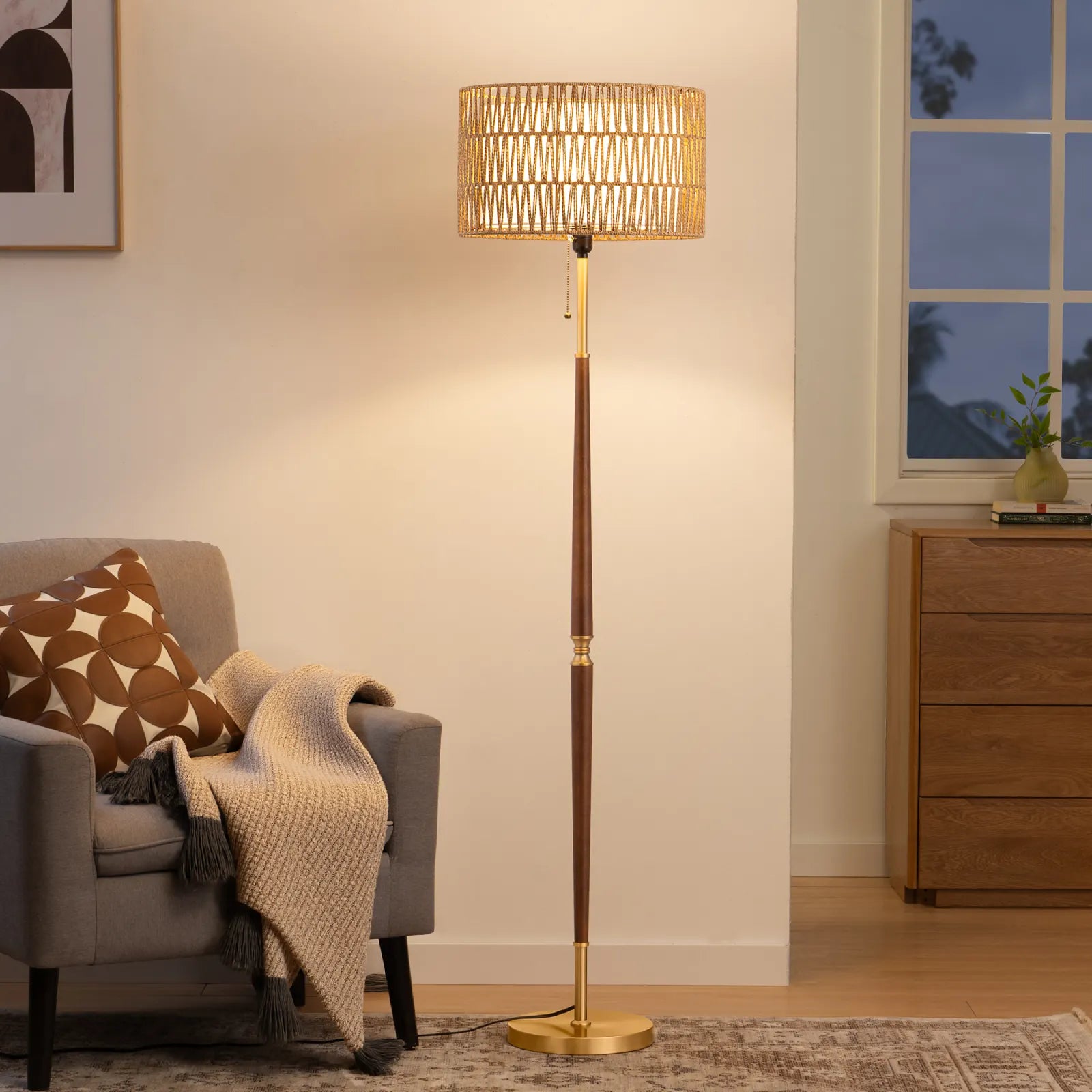 Traditional Floor Lamp With Rattan Dual-layer Woven Shade (63.4")