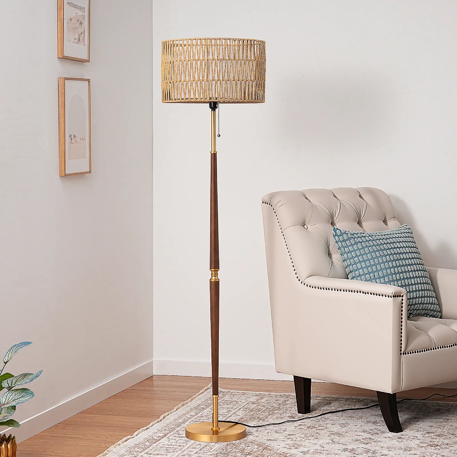 Traditional Floor Lamp With Rattan Dual-layer Woven Shade (63.4")