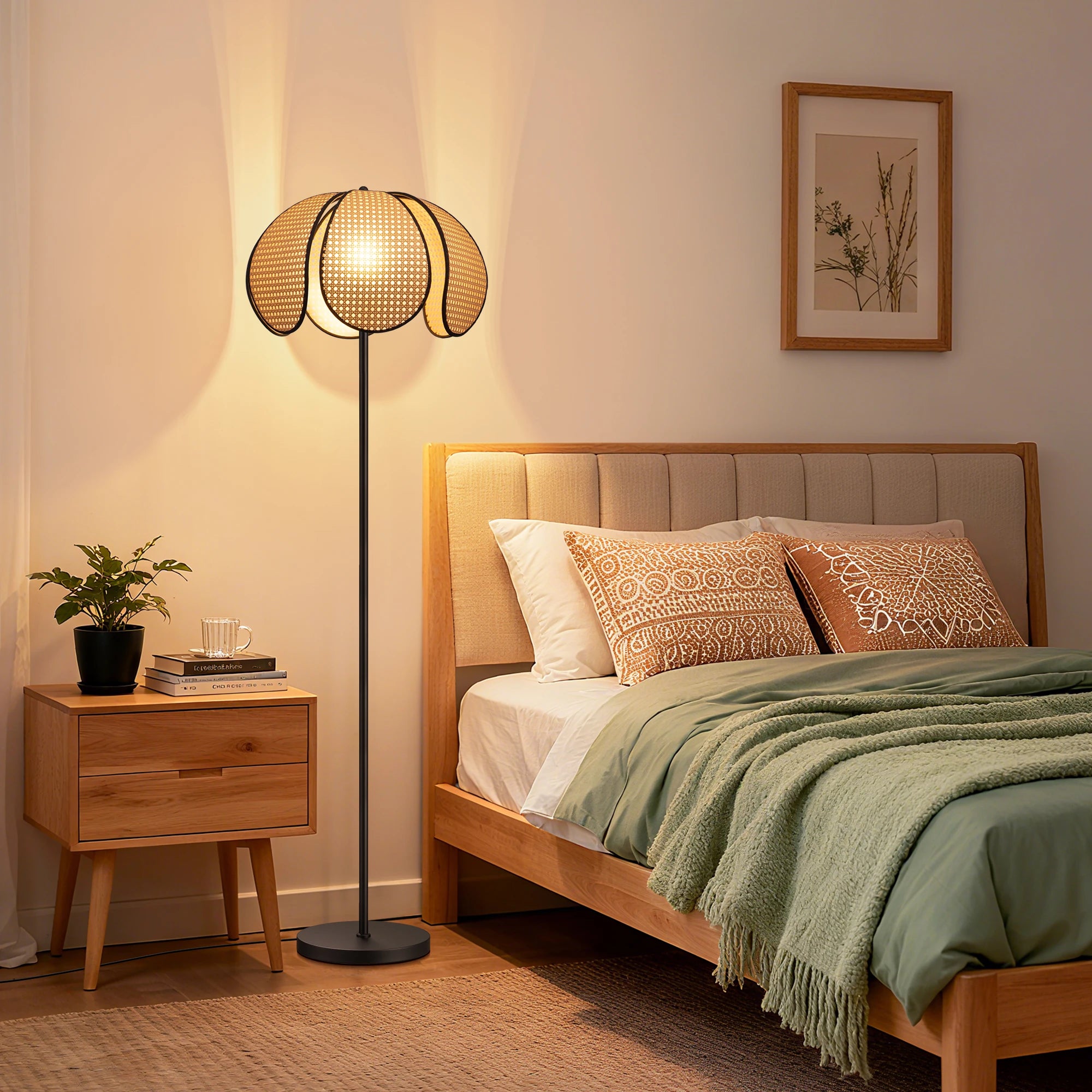 Traditional Novelty Floor Lamp with Natural Petal-Shaped Rattan Shade(63" )