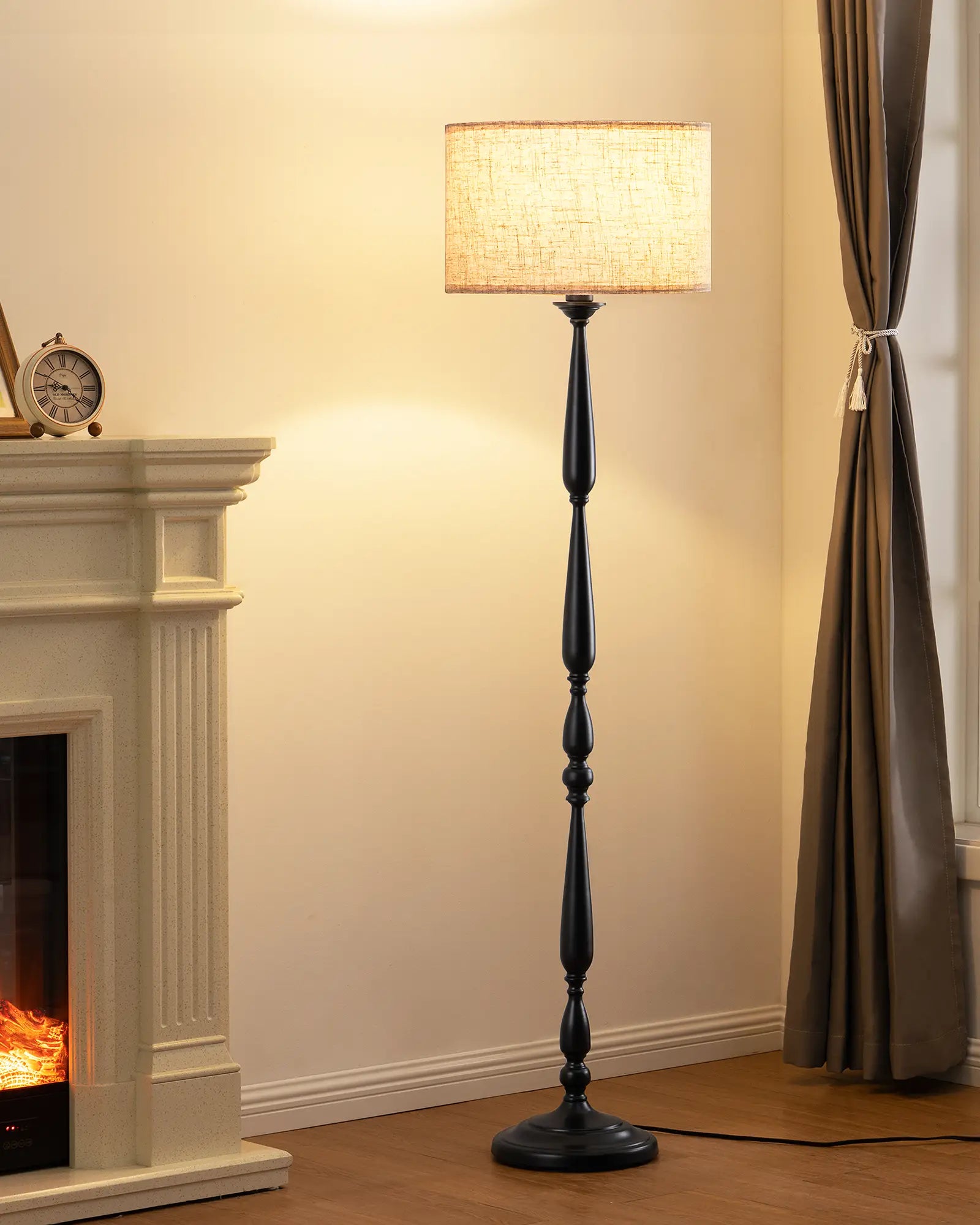 Black Traditional Floor Lamp in a room with a fireplace and curtains 