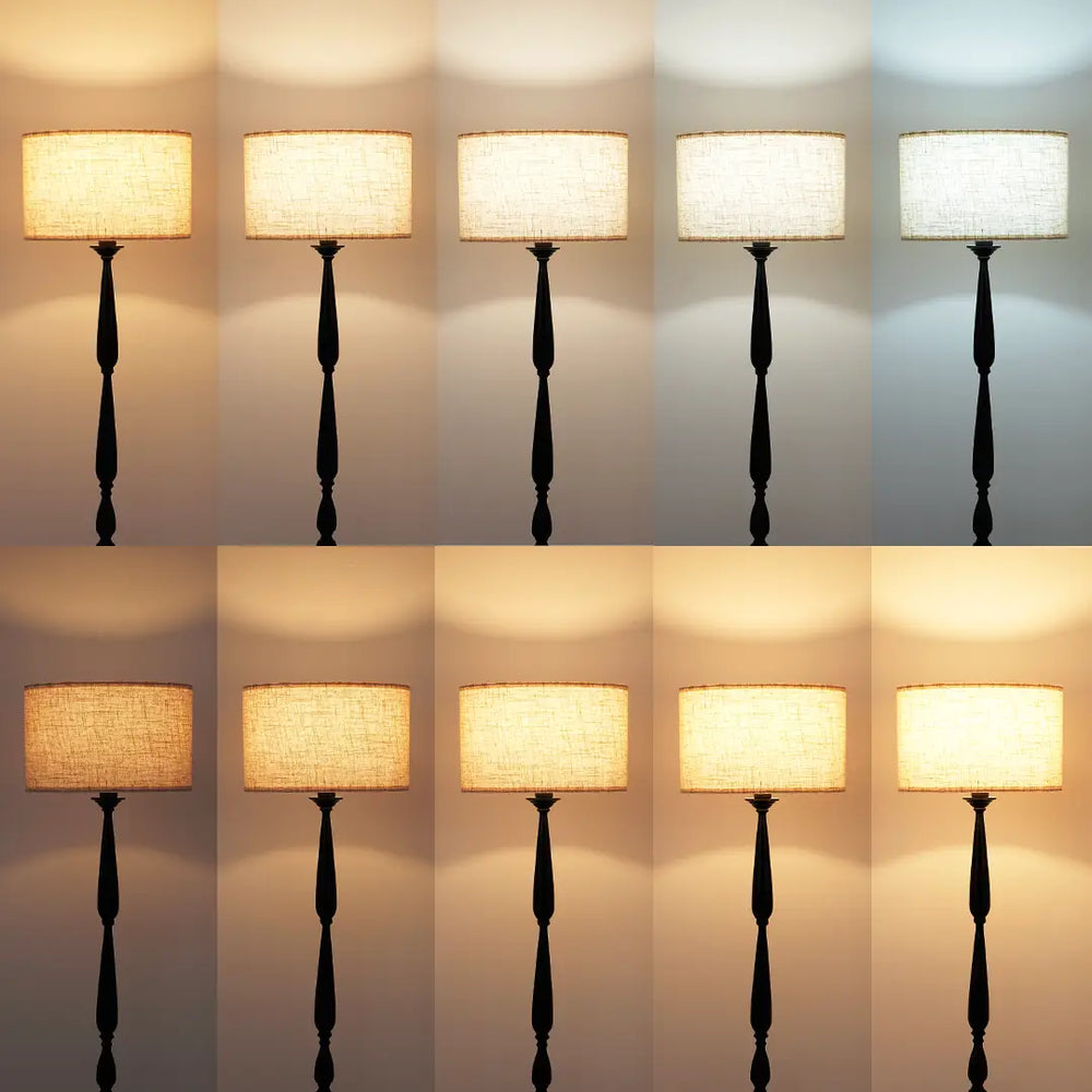 Collage of a Traditional Floor Lamp with a textured shade in various lighting conditions.