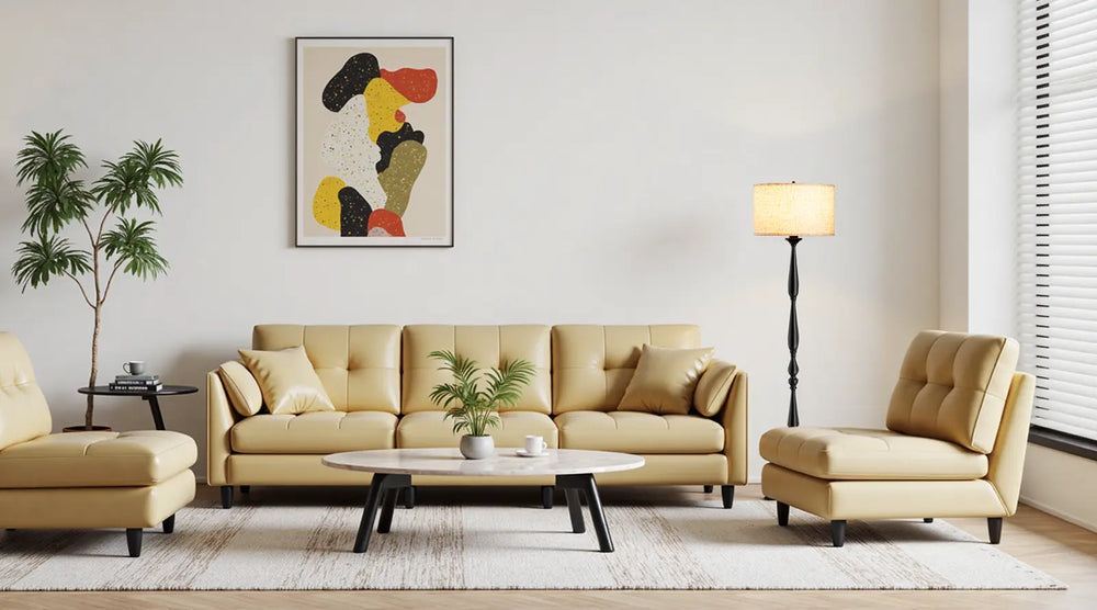 Modern living room with beige sofa, armchair, coffee table, and Traditional Floor Lamp