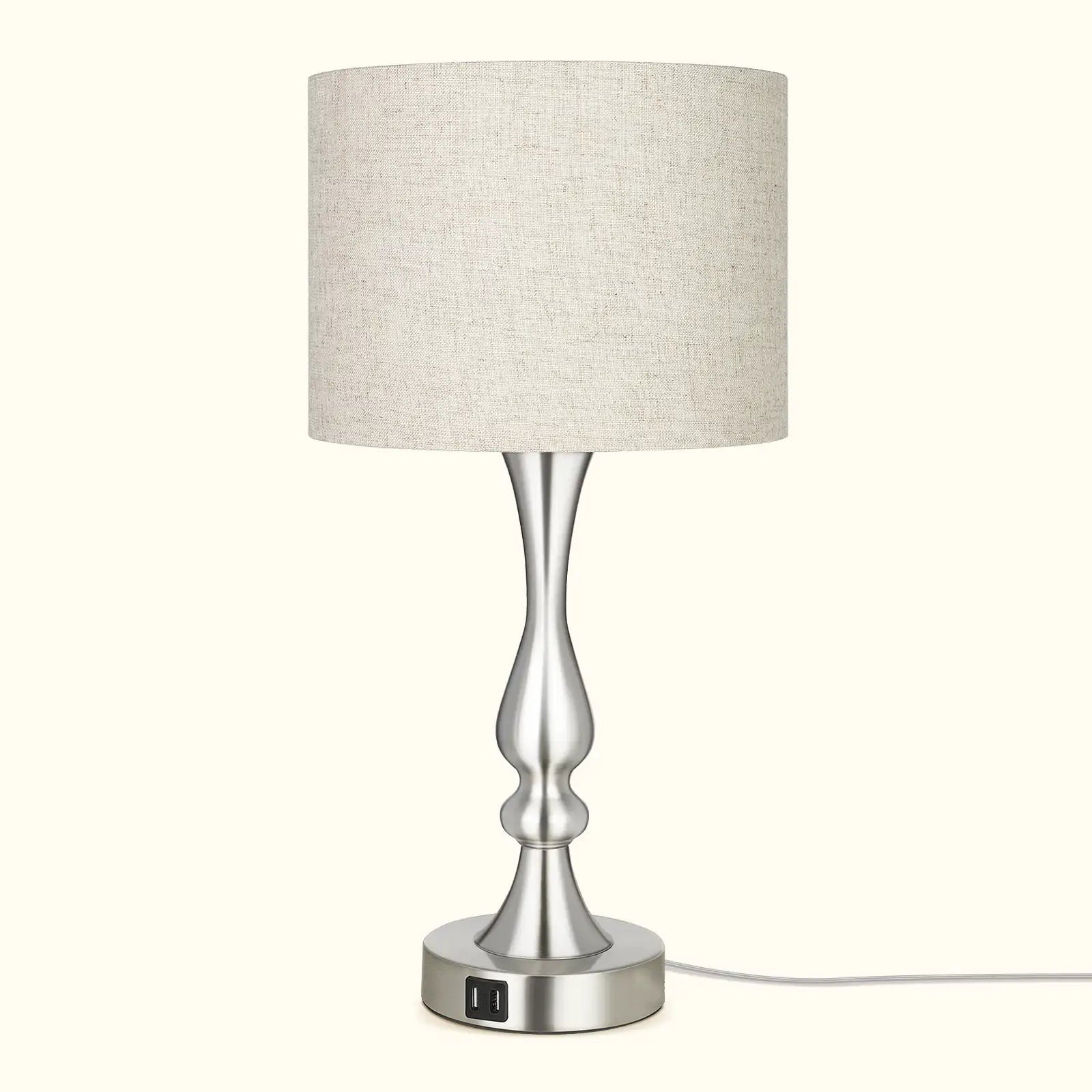 Modern Silver Touch-Control Table Lamp with Dual USB Ports & Linen Shade