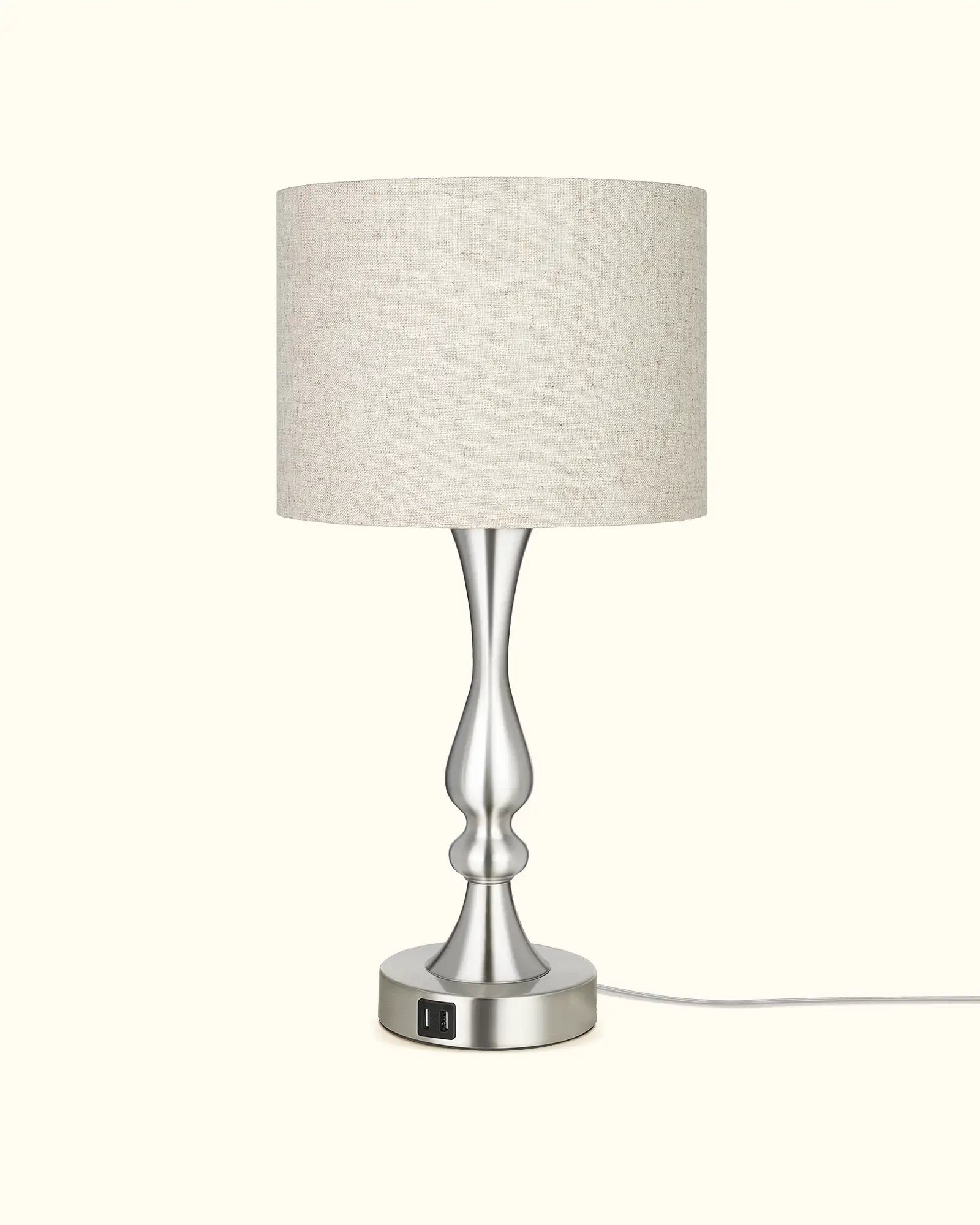 Modern Silver Touch-Control Table Lamp with Dual USB Ports & Linen Shade
