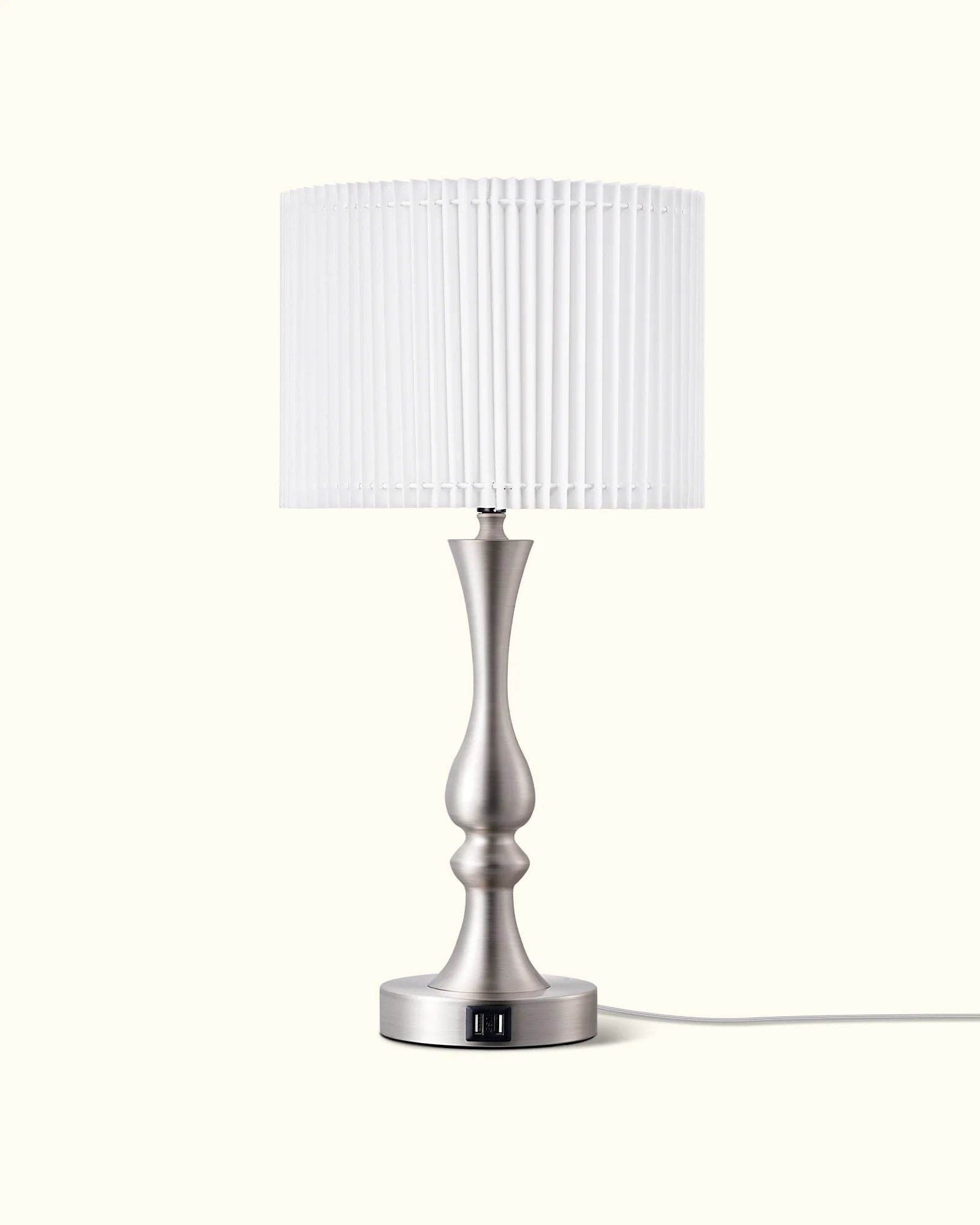 Modern Silver Touch-Control Table Lamp with Dual USB Ports & Linen Shade