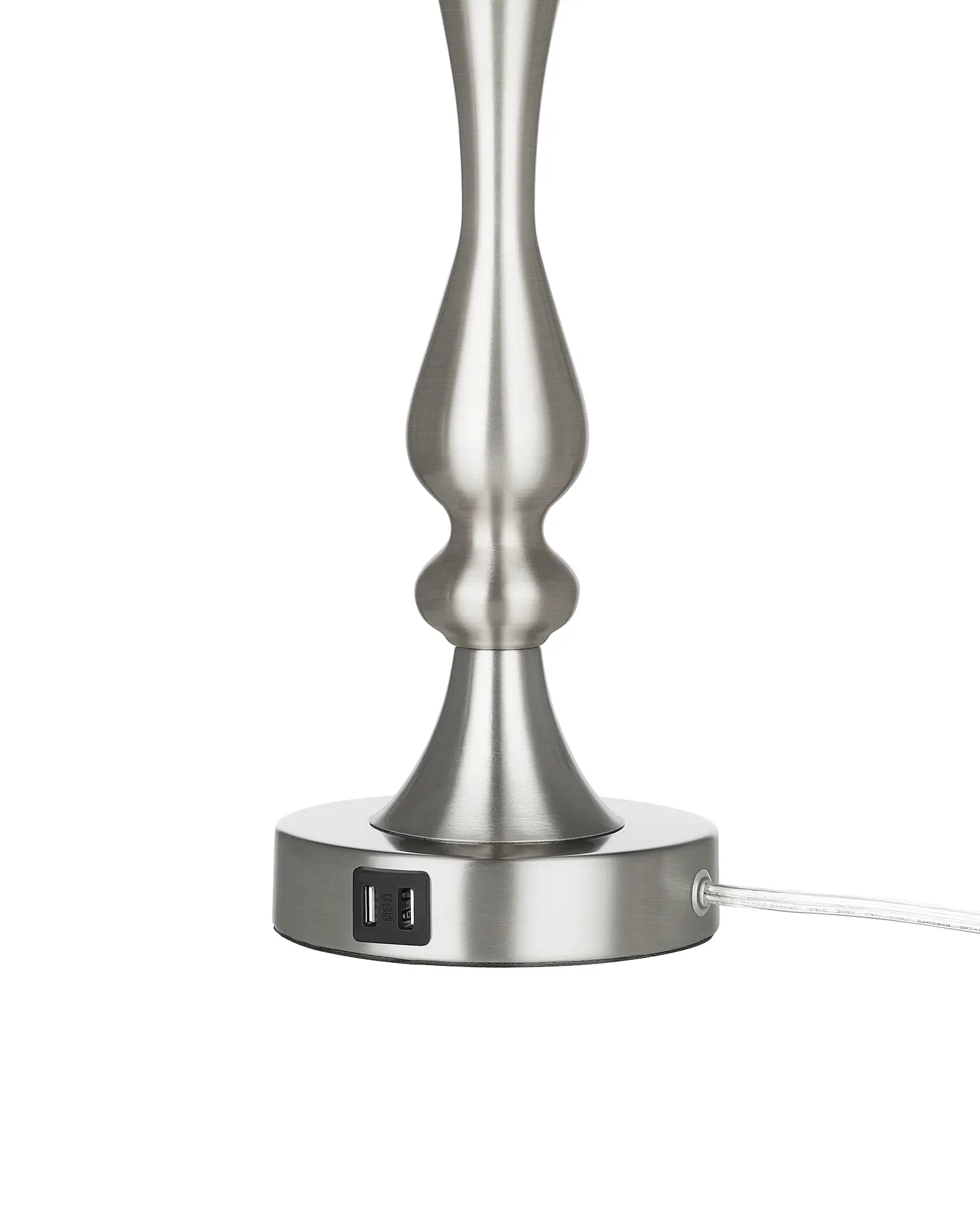 Metallic floor lamp with USB charging ports on a white background