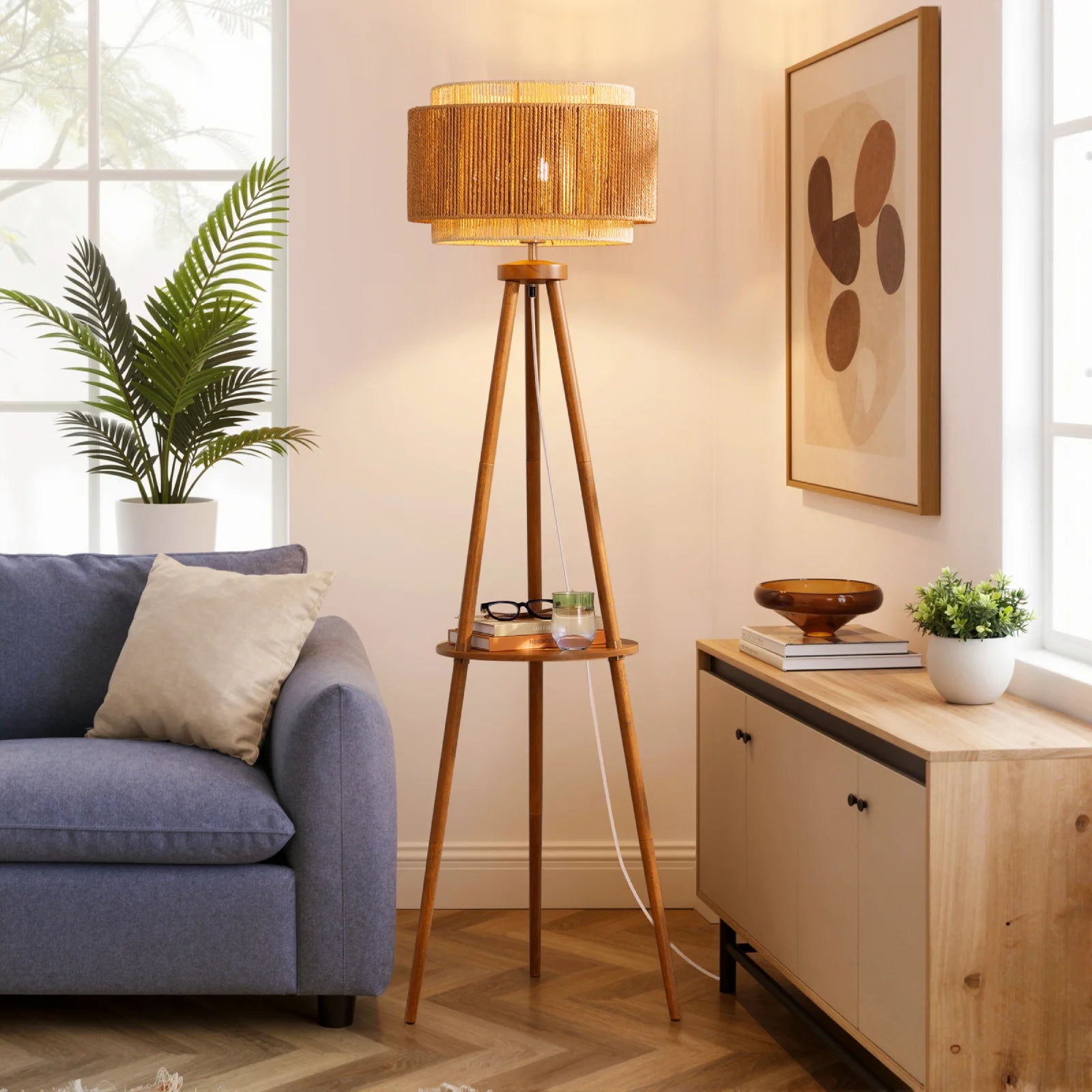 Tripod Floor Lamp with Rattan Dual Lampshades (62.4")