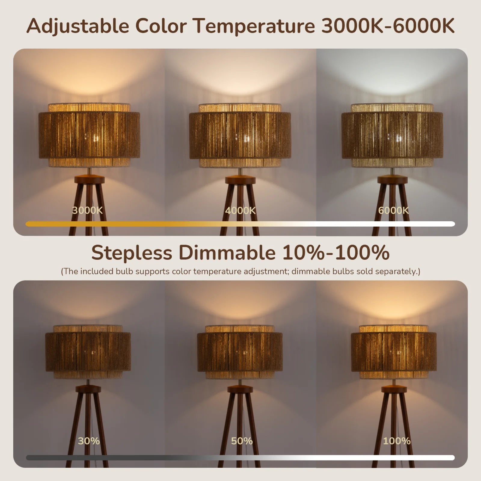 Tripod Floor Lamp with Rattan Dual Lampshades (62.4")
