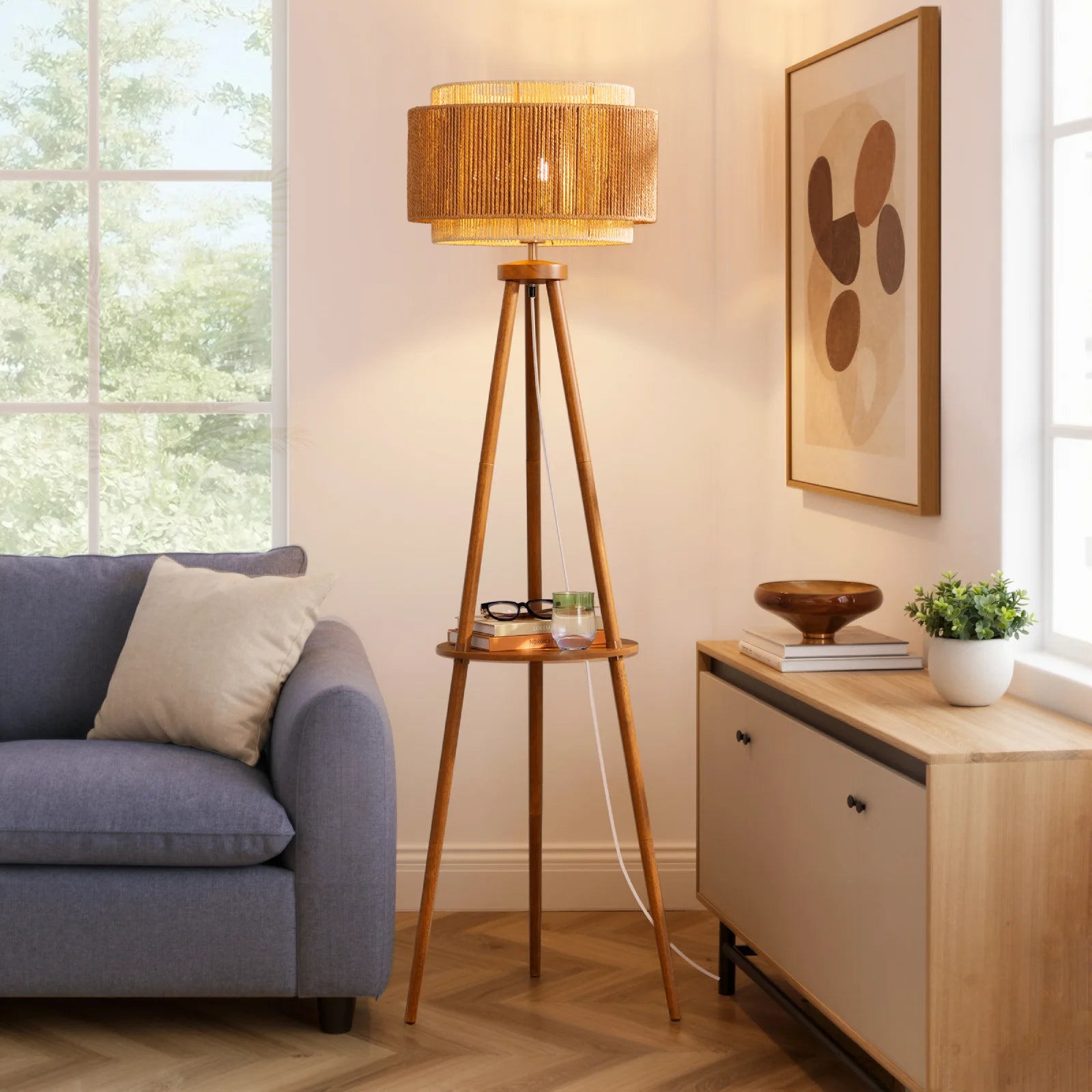 Tripod Floor Lamp with Rattan Dual Lampshades (62.4")