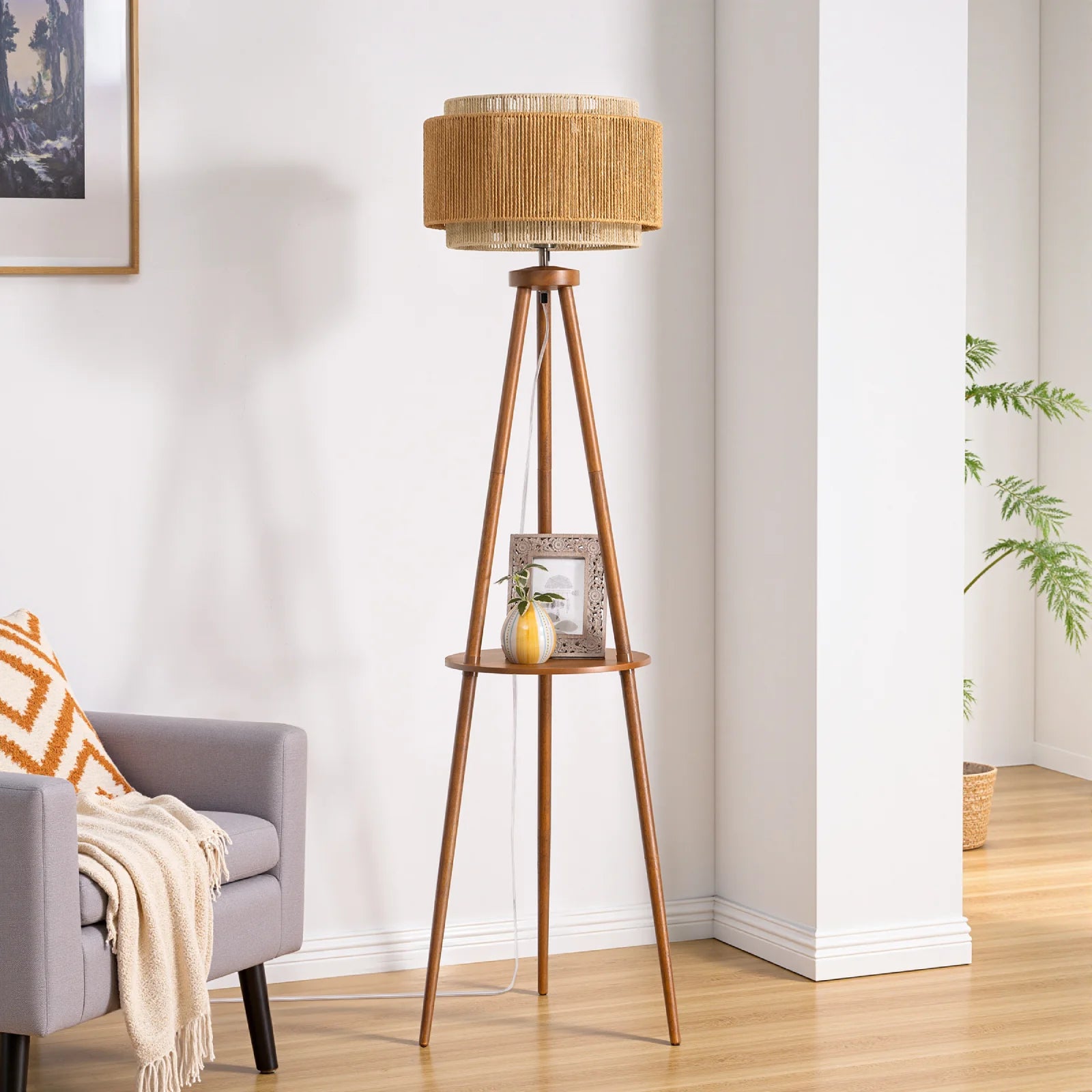 Tripod Floor Lamp with Rattan Dual Lampshades (62.4")