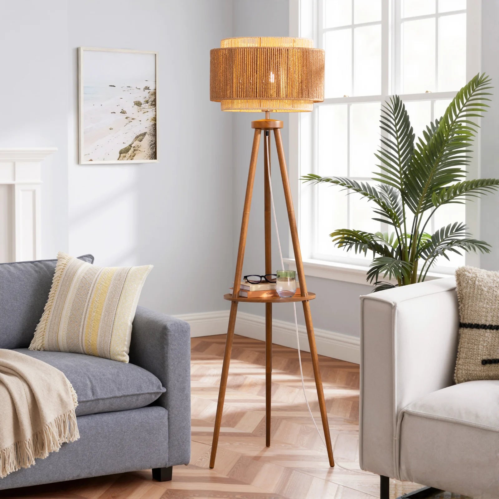 Tripod Floor Lamp with Rattan Dual Lampshades (62.4")