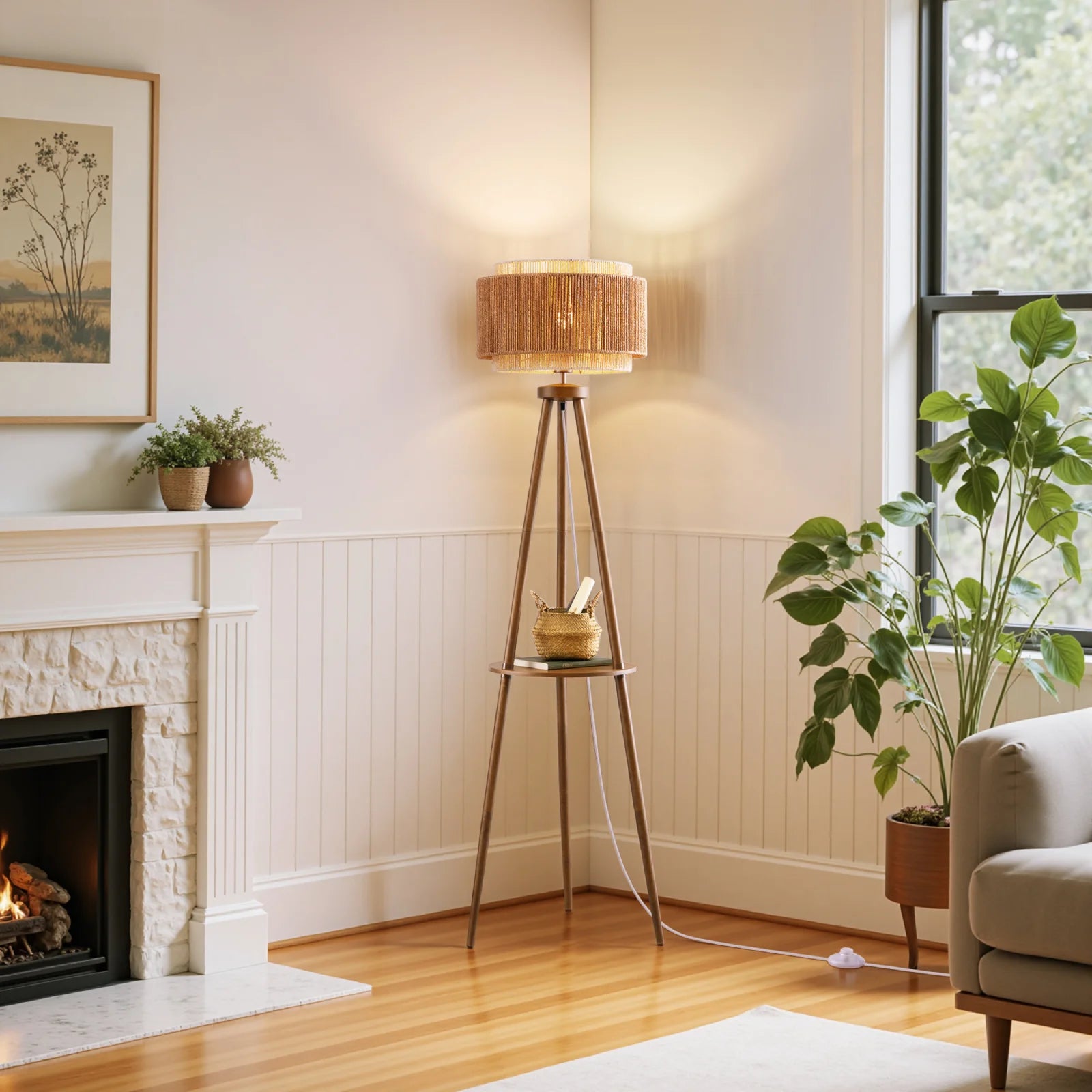 Tripod Floor Lamp with Rattan Dual Lampshades (62.4")
