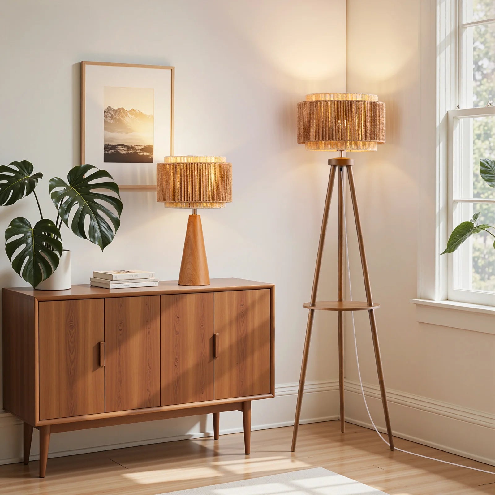 Tripod Floor Lamp with Rattan Dual Lampshades (62.4")