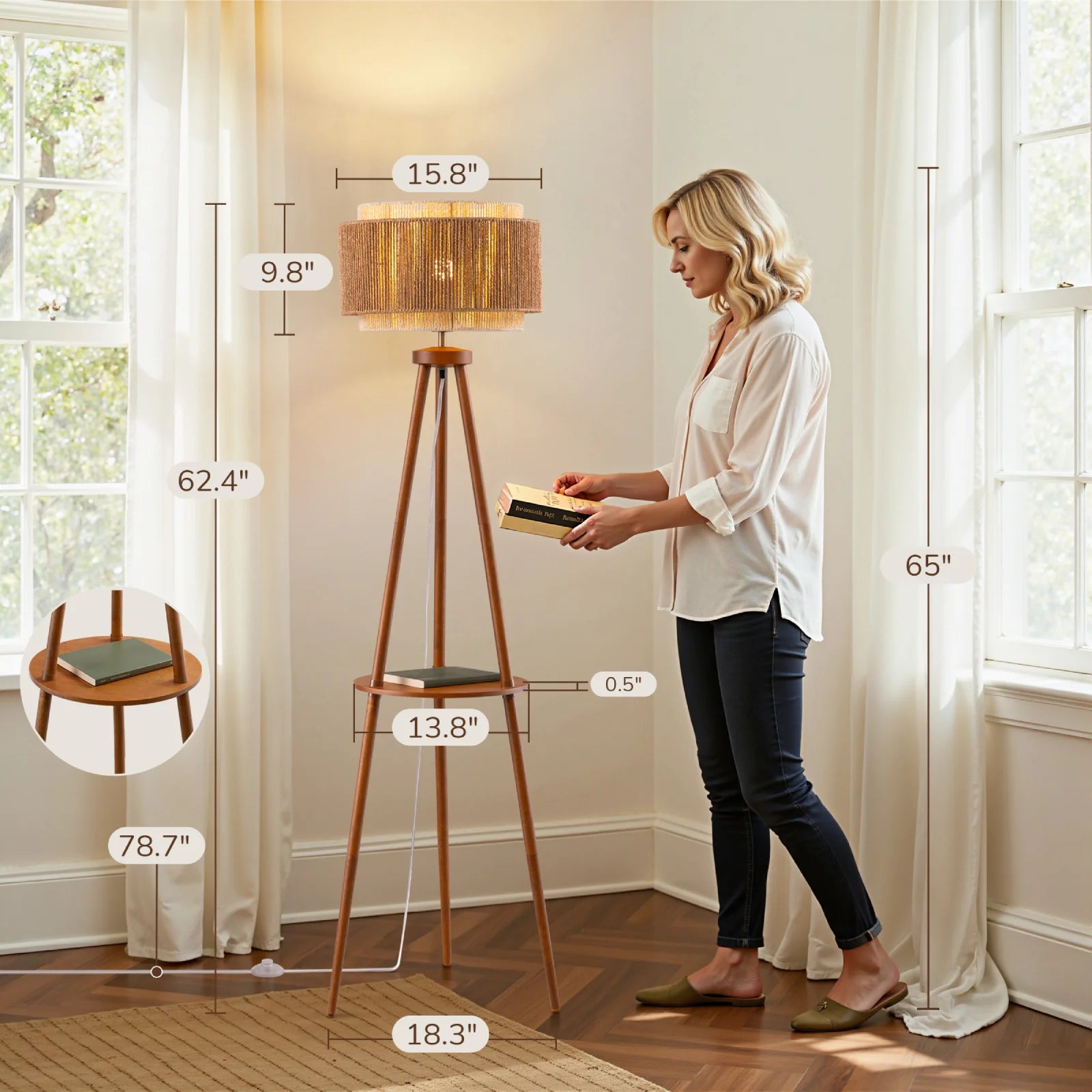 Tripod Floor Lamp with Rattan Dual Lampshades (62.4")