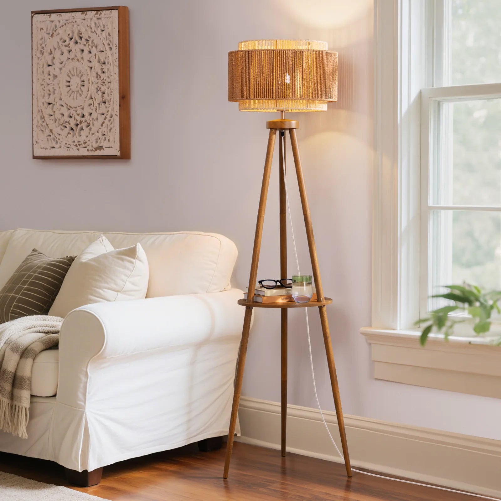 Tripod Floor Lamp with Rattan Dual Lampshades (62.4")