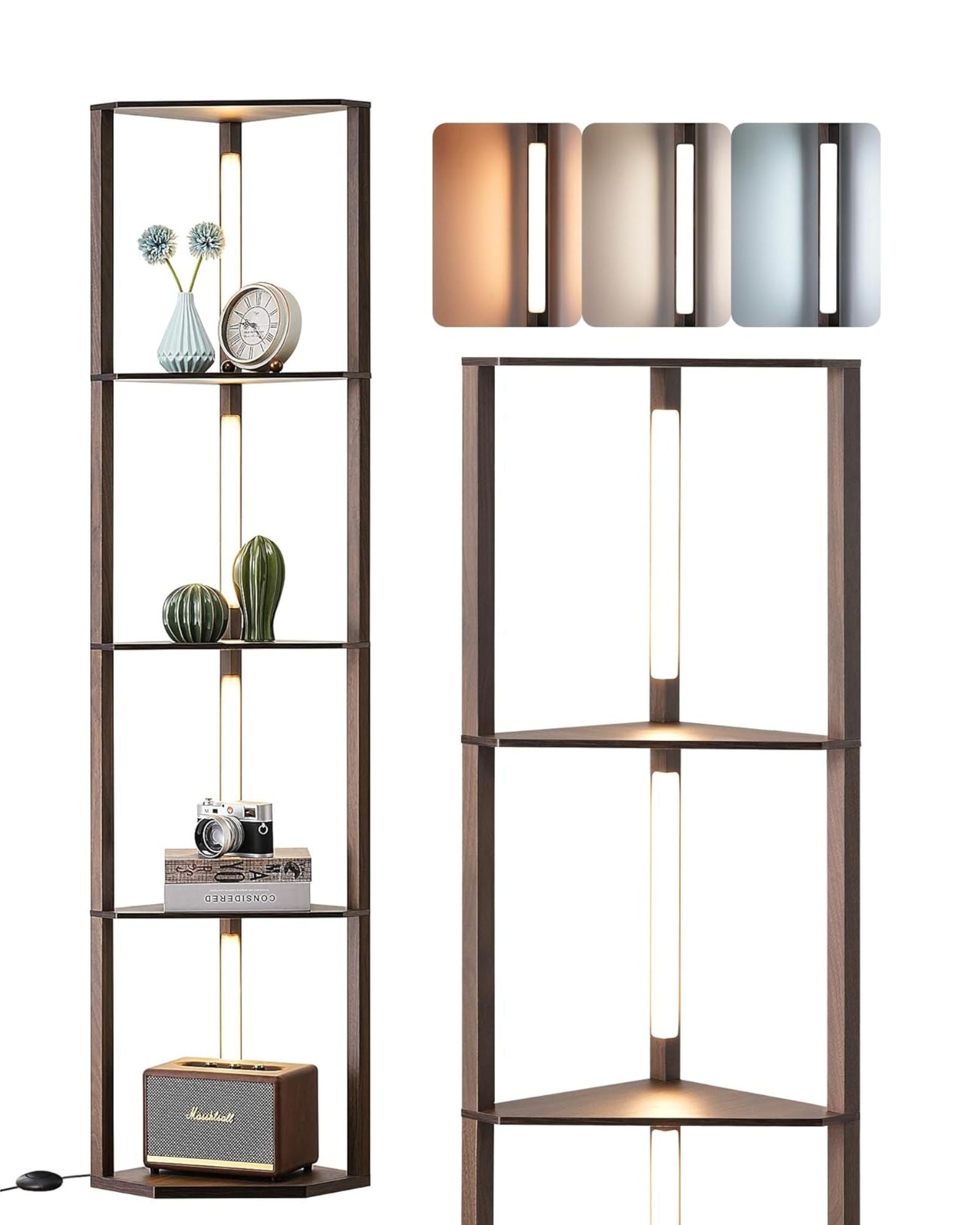 EDISHINE Modern Dimmable LED Corner Shelf Floor Lamp with Shelves