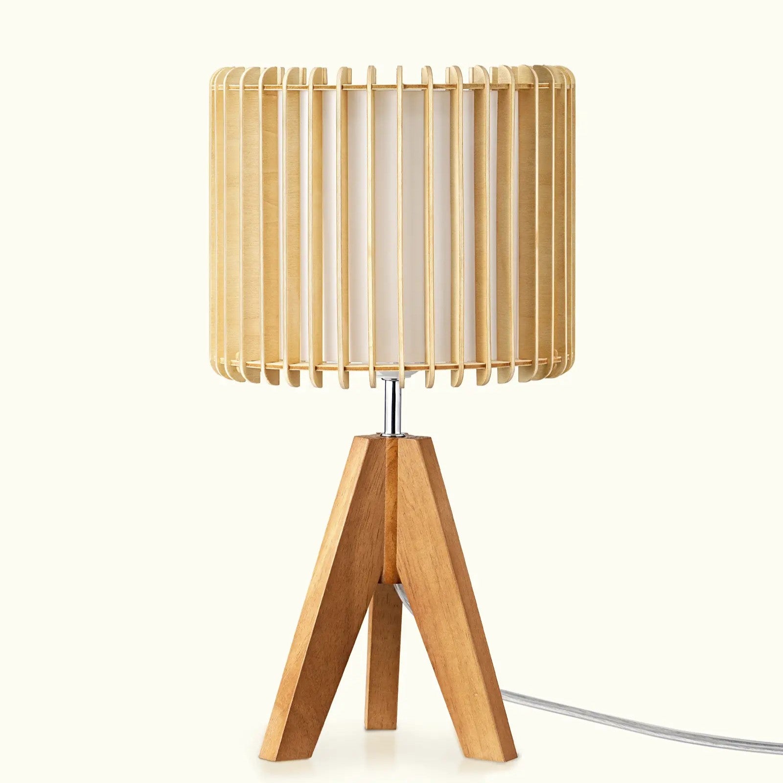 Minimalist Wood Tripod Table Lamp with Slatted Wood Panel Shade
