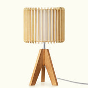 Minimalist Wood Tripod Table Lamp with Slatted Wood Panel Shade