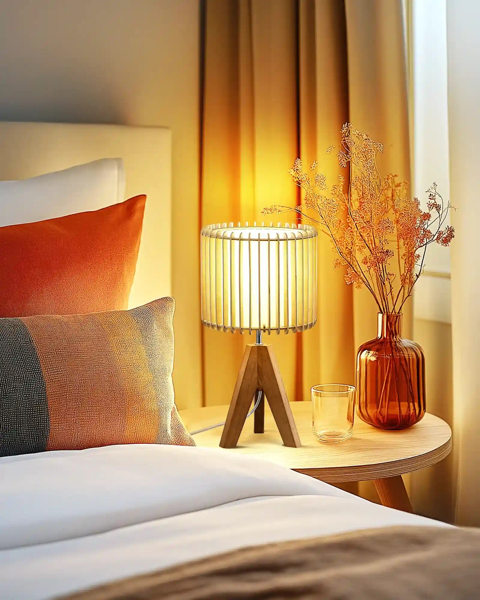 Cozy bedroom scene with a bed, lamp, and decorative elements.