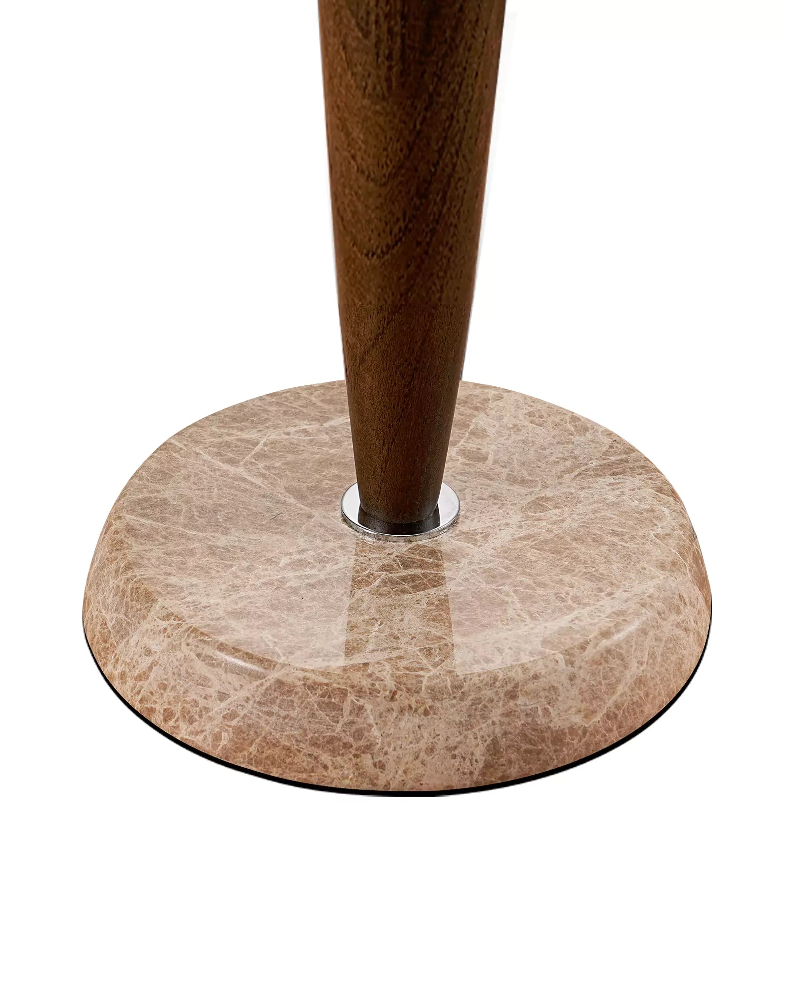 Close-up of a Wood and Marble Table Lamp which has a round marble base with a wooden leg on a white background