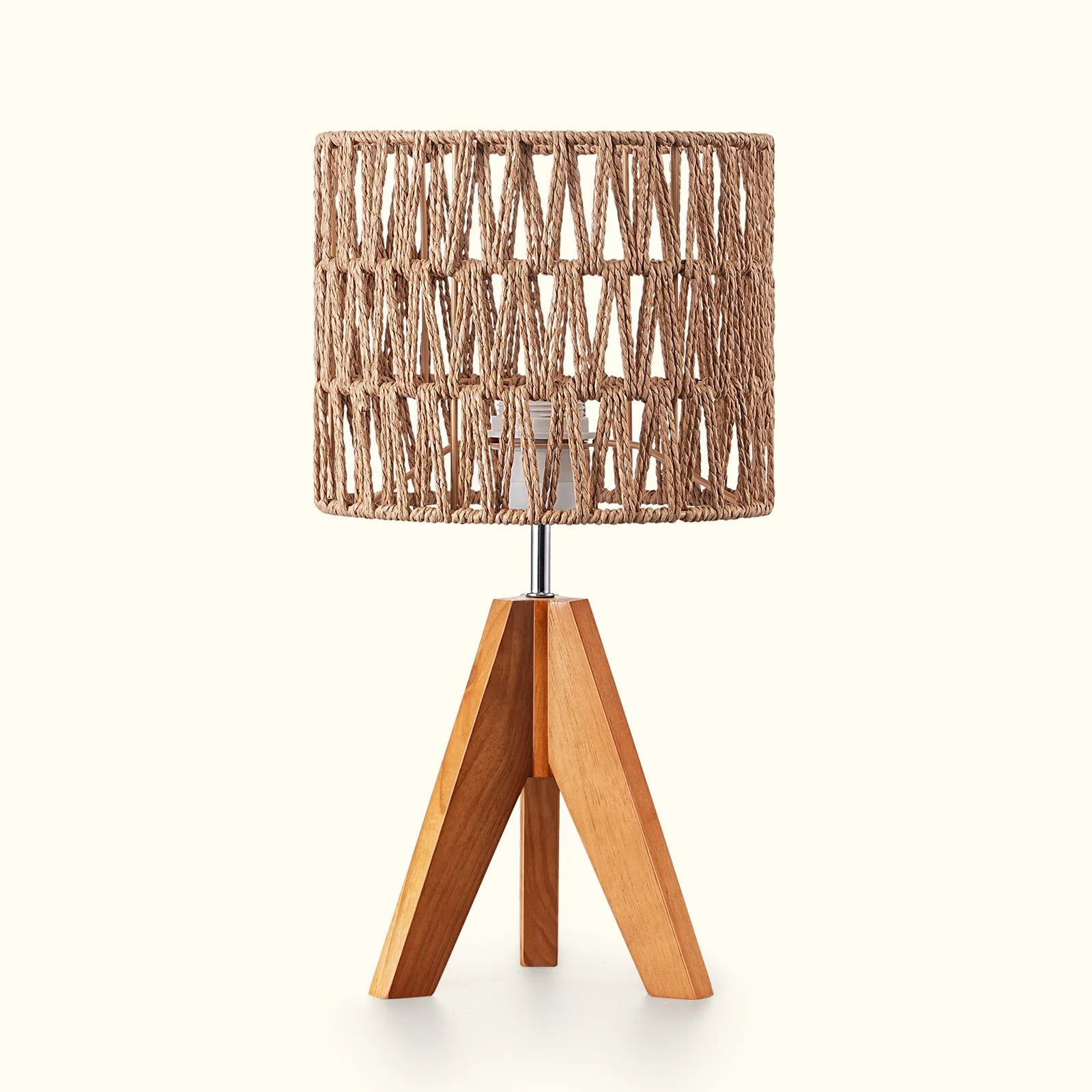 Boho Rattan Tripod Table Lamp with W-Wave Woven Shade & Solid Wood Base (Rosewood)