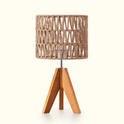 Boho Rattan Tripod Table Lamp with W-Wave Woven Shade & Solid Wood Base (Rosewood)