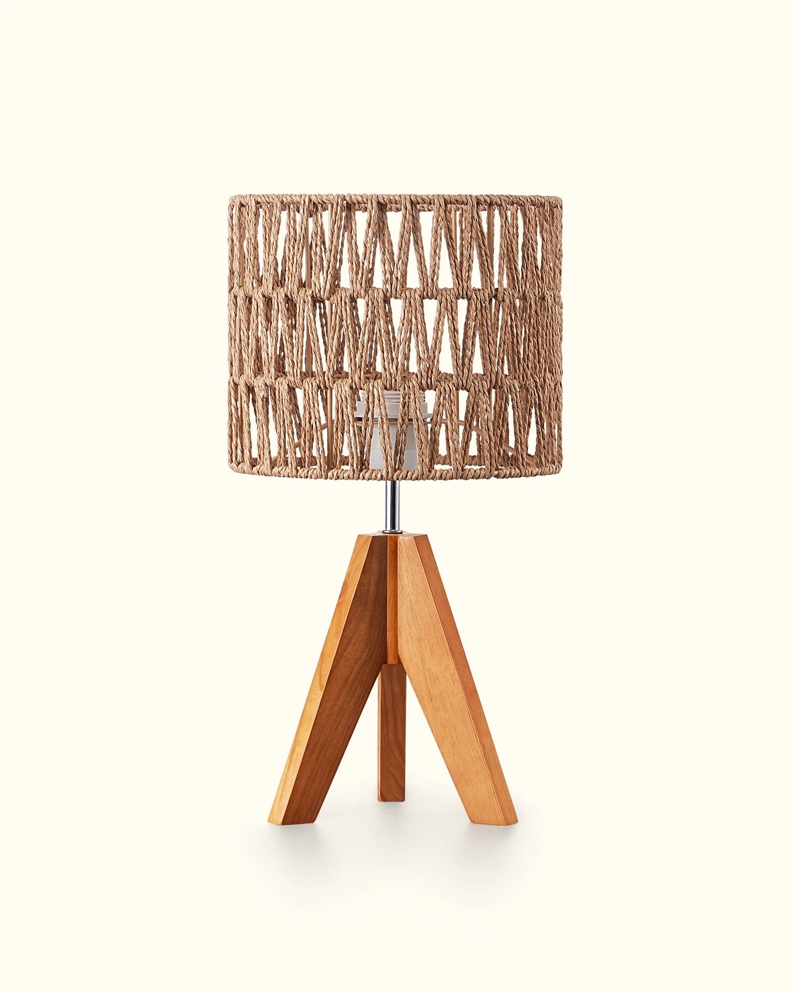 Woven Shade Table Lamp with wooden base and woven shade on a white background