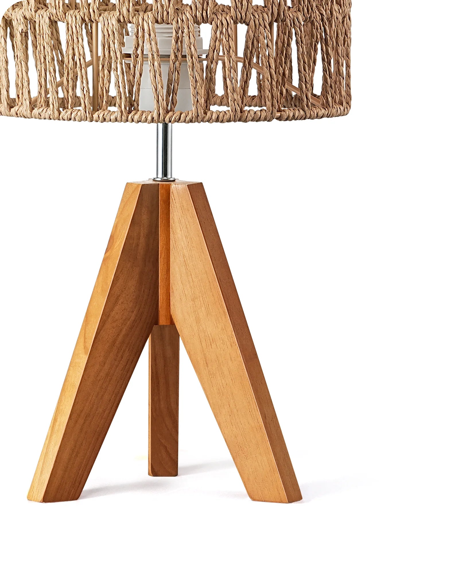 Wooden table lamp with a natural woven shade on a white background