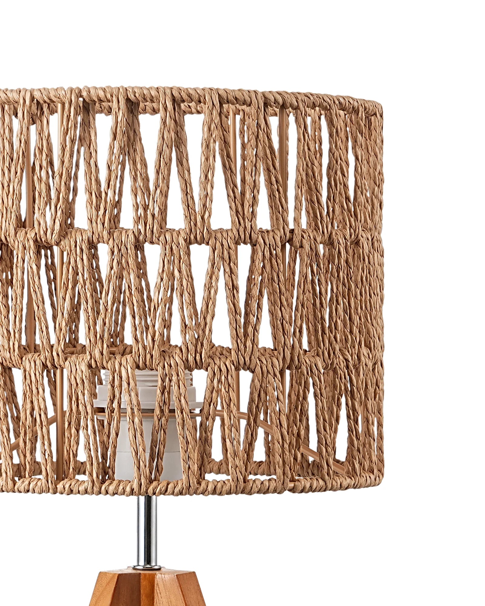 Woven Shade Table Lamp with woven natural material shade on a white background