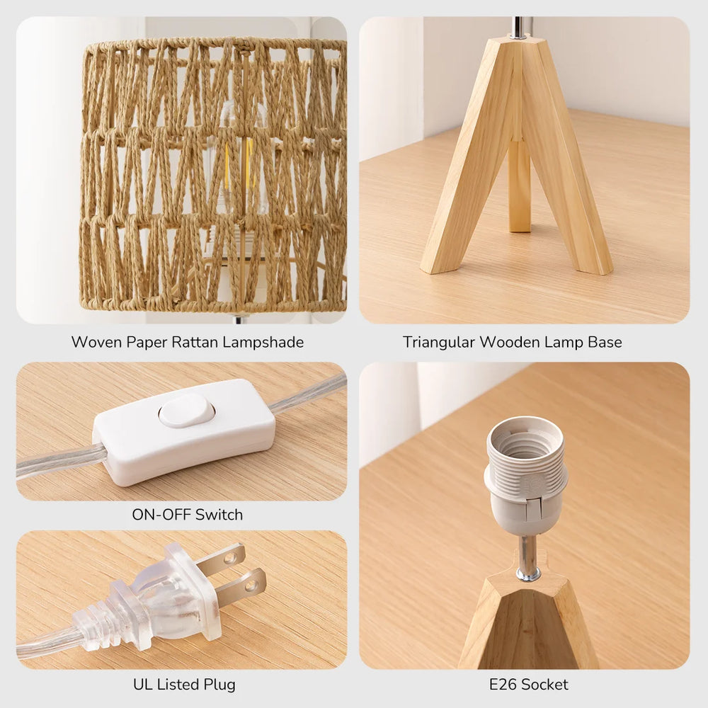 Collage of lamp components including woven paper rattan lampshade, triangular wooden lamp base, on-off switch, UL listed plug, and E26 socket.
