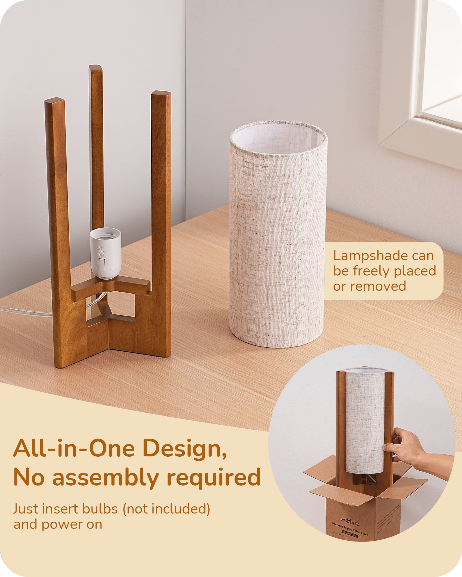 EDISHINE Table Lamp Wood Body Linen Shade for Living Room Bedroom