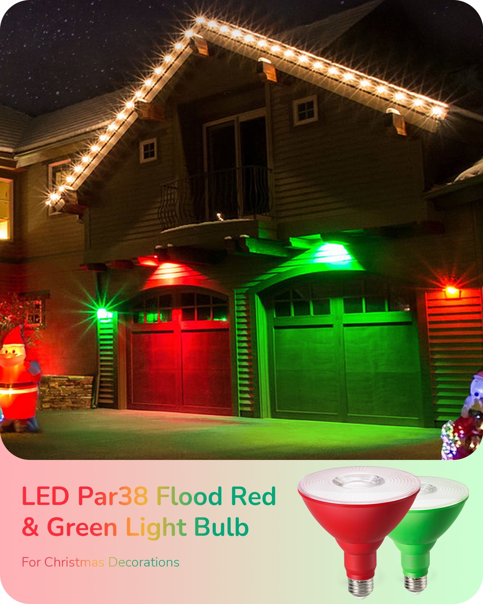 EDISHINE 2 Pack LED Par38 Flood Red Green Outdoor Christmas Light Bulbs, 18W (120W Equivalent), Dimmable, E26 Base Green Red LED Lights for Holiday Decor