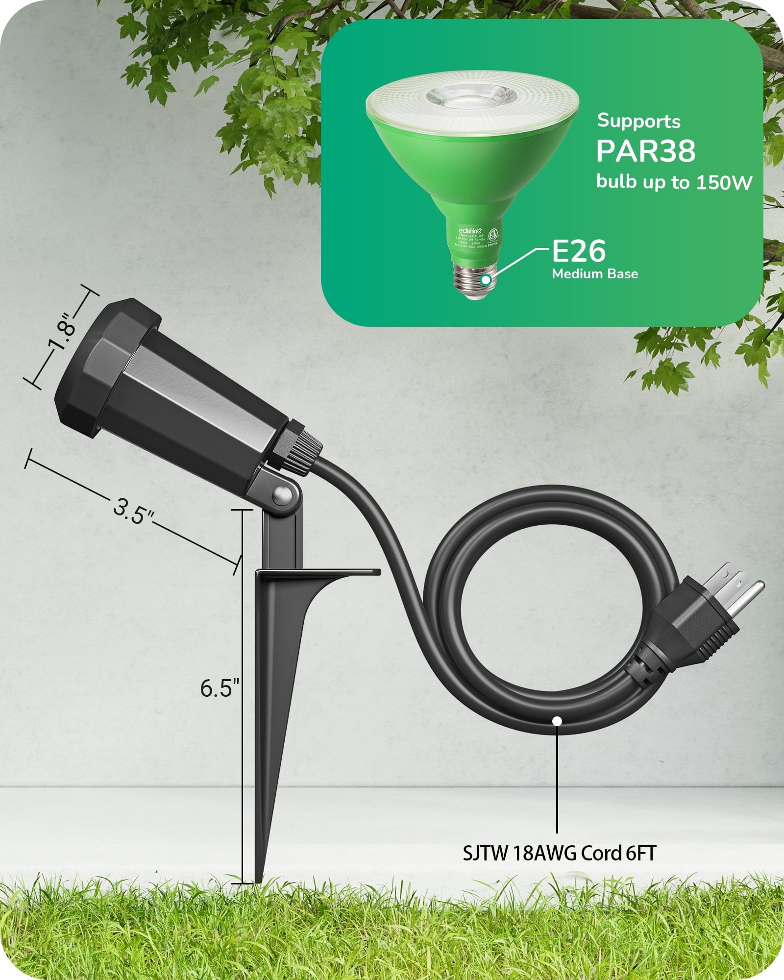 EDISHINE 2 Pack Spotlight Outdoor, For Garden Decor Plug in with 6FT Cord, 120V Weatherproof Outdoor Flood Stake Lights, E26 Base PAR38 Bulb landscape light Socket for Holiday, Patio, Yard.