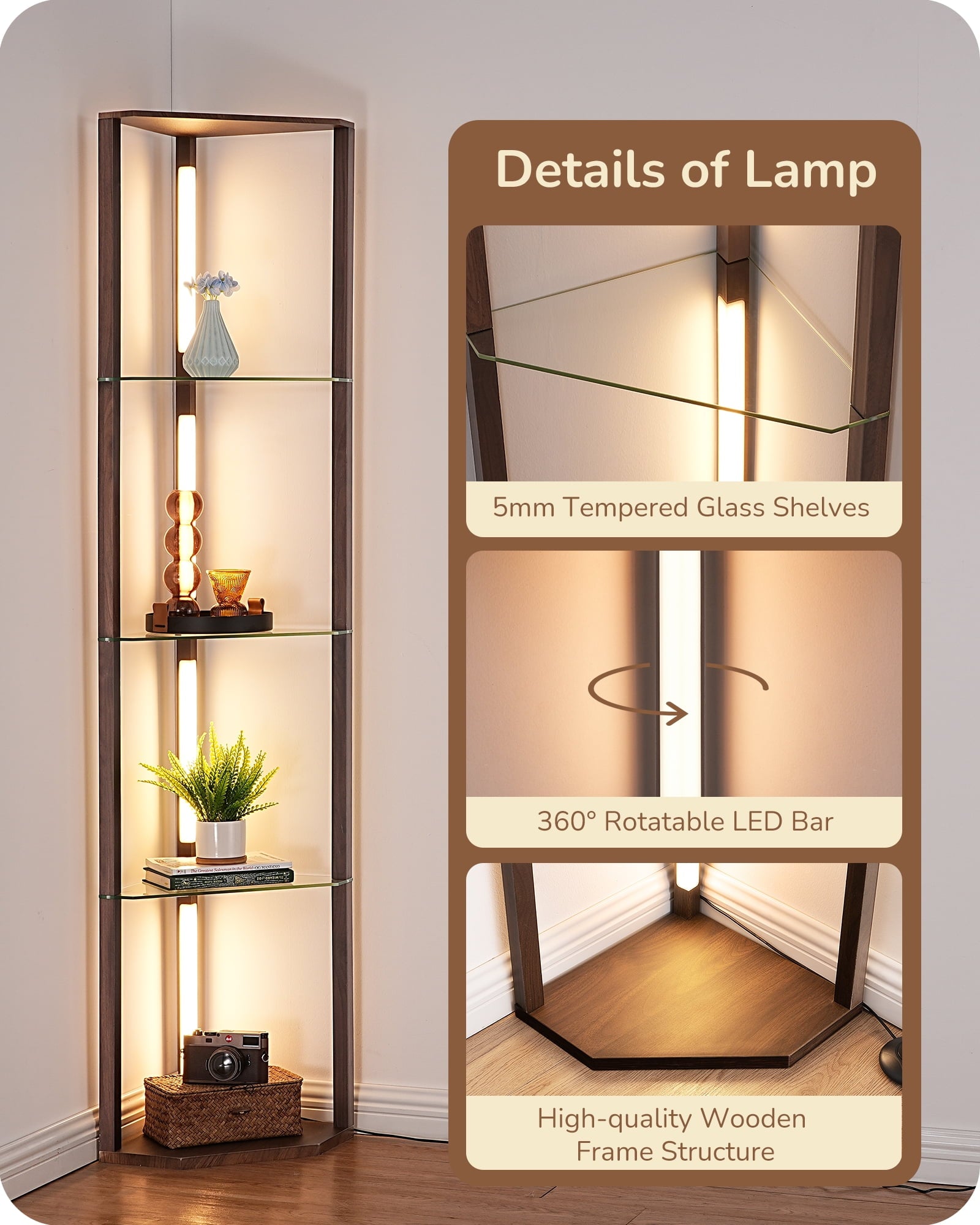 EDISHINE 63.7-Inch 4-Tier Modern Floor Lamps with Glass Shelves, Dimmable Standing Lamp with Remote/Foot Remote, Display Shelf Floor Lamp for Living Room, Bedroom，Open Display Cabinet