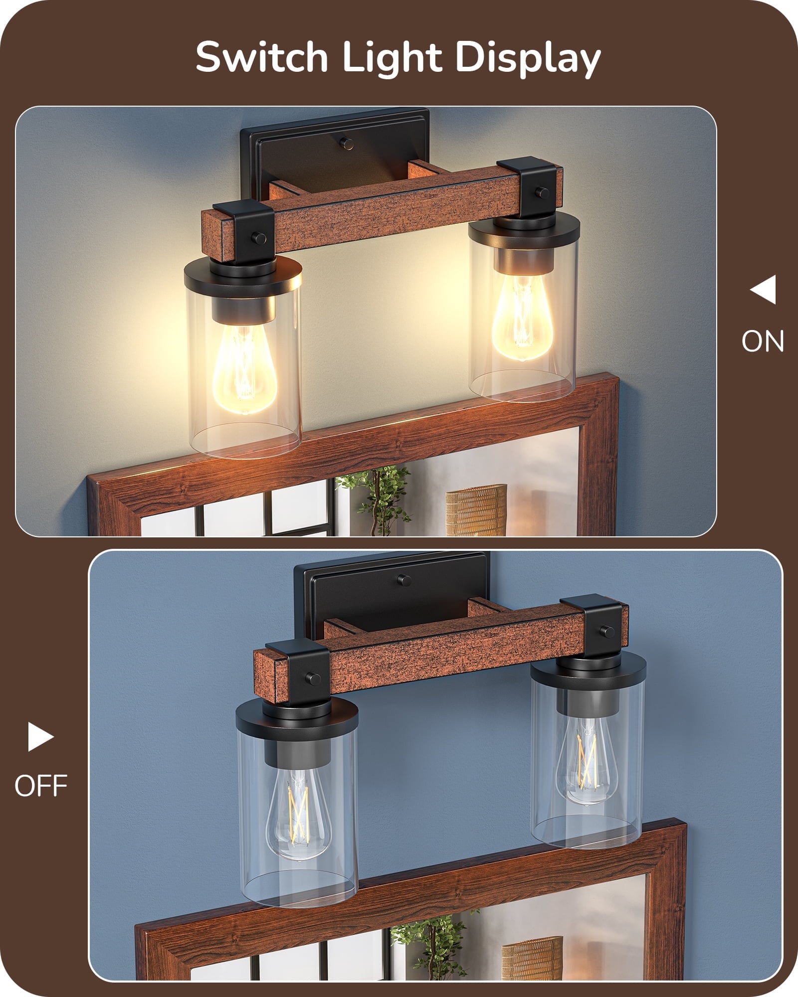 EDISHINE Industrial Bathroom Light Fixtures Metal Frame with Clear Glass Lamp Shade,2 Lights over the Mirror Bathroom Lights