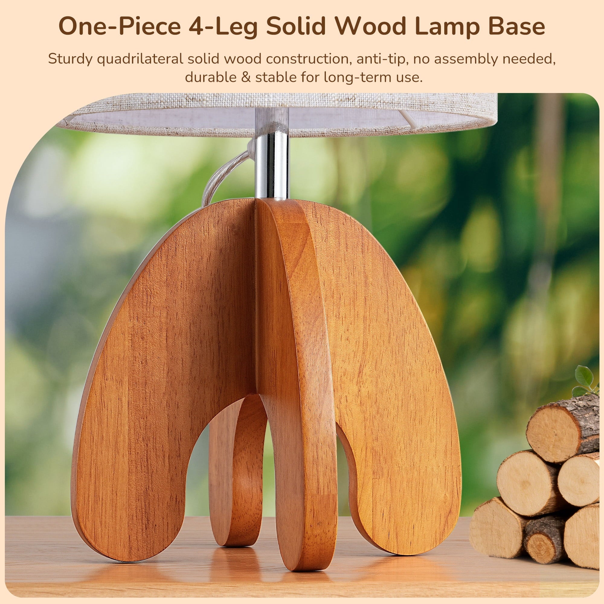EDISHINE Modern Table Lamp with Rose Wood Finish Base, Soft Light Bedside Lamp for Bedroom, Living Room