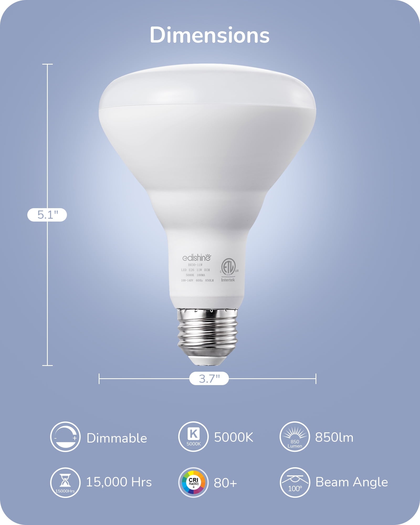 EDISHINE 6 Pack BR30 LED Light Bulbs, 65W Equivalent, 11W, 850LM, 5000K Daylight, Dimmable, Recessed Can Light Bulbs for Ceiling, Recessed Can, Living Room and Kitchen, E26 Base