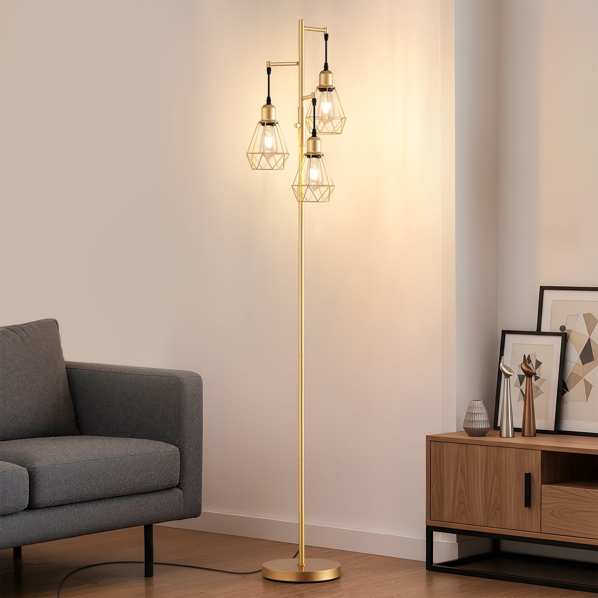 EDISHINE 70IN Farmhouse Industrial Floor Lamps for Living Room, Dimmable, Metal Standing Tree Lamp for Bedroom, Office, Home Decor, Lighting, 3 LED Edison Bulbs Included, Gold