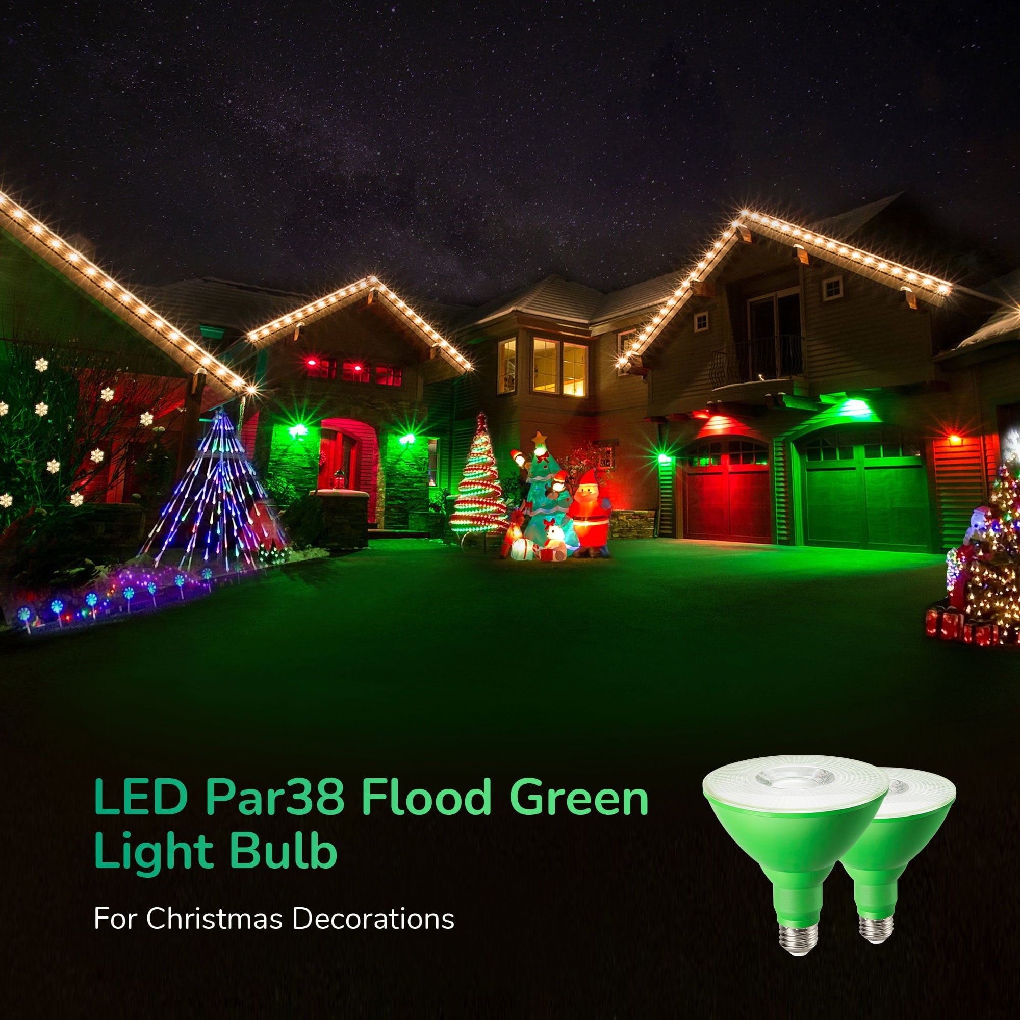 EDISHINE 2 Pack LED Par38 Green Outdoor Flood Christmas Light Bulbs, 18W Equivalent 120W, Dimmable, E26 Base LED Green Light for Decoration,UL Listed