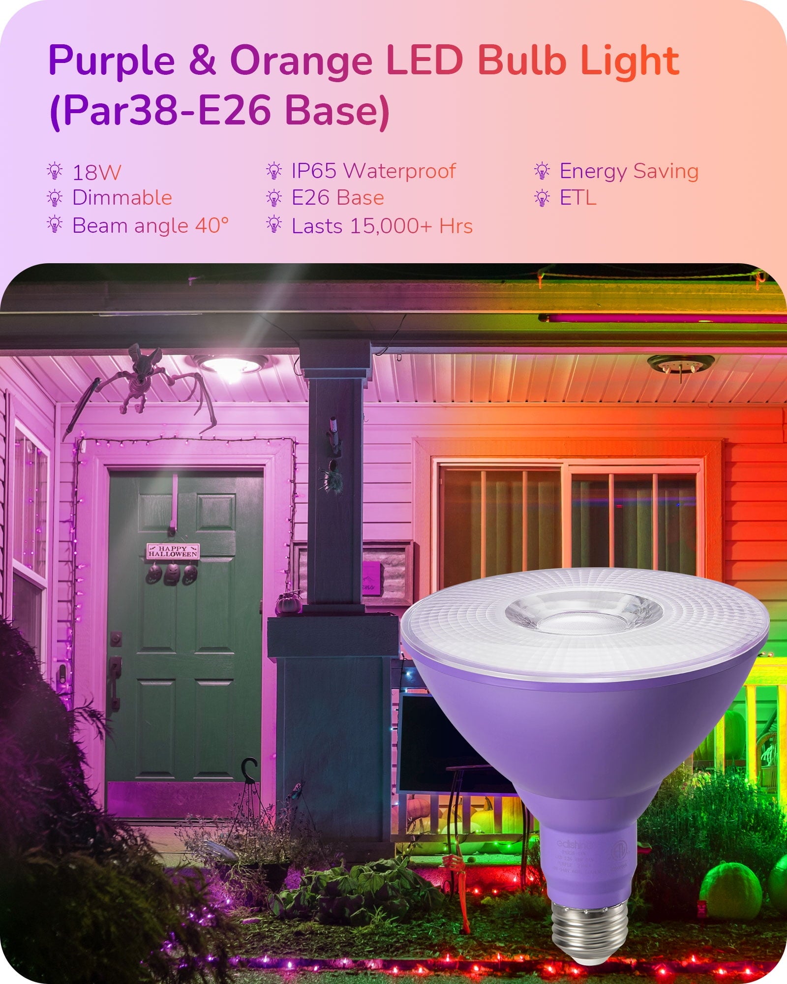 EDISHINE 4 Pack Halloween PAR38 Purple & Orange LED Flood Light Bulbs Outdoor, Dimmable, Purple Orange LED Light Bulb, 18W(120W Equivalent), Light Bulb for Halloween Decorations, E26 Base, ETL Listed